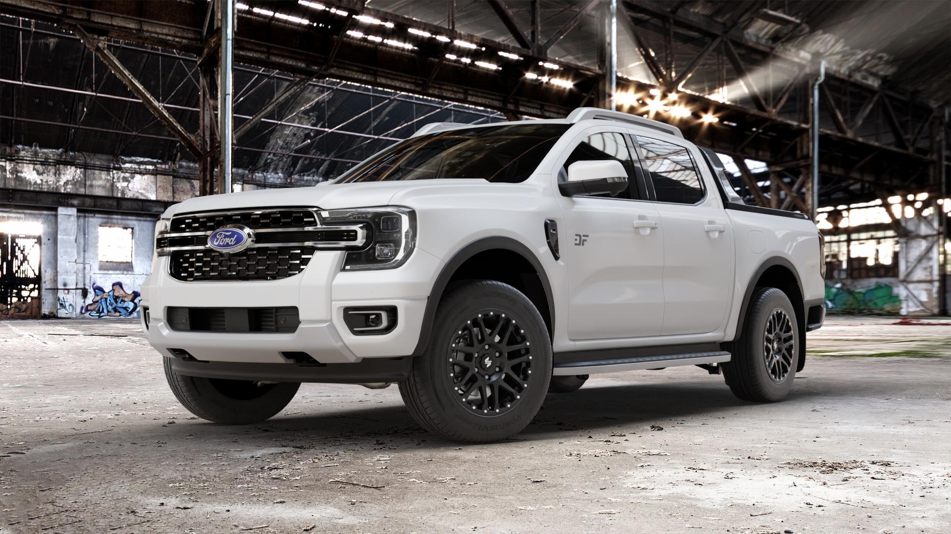 etabeta COMBAT CV Black matt Felge mit Reifen schwarz in 18Zoll Winterfelge Alufelge auf weissem Ford Ranger VII Typ 2AB ⬇️ mit 15mm Tieferlegung ⬇️ Old Industrial Hall_max_5300mm_2024 Frontansicht_1