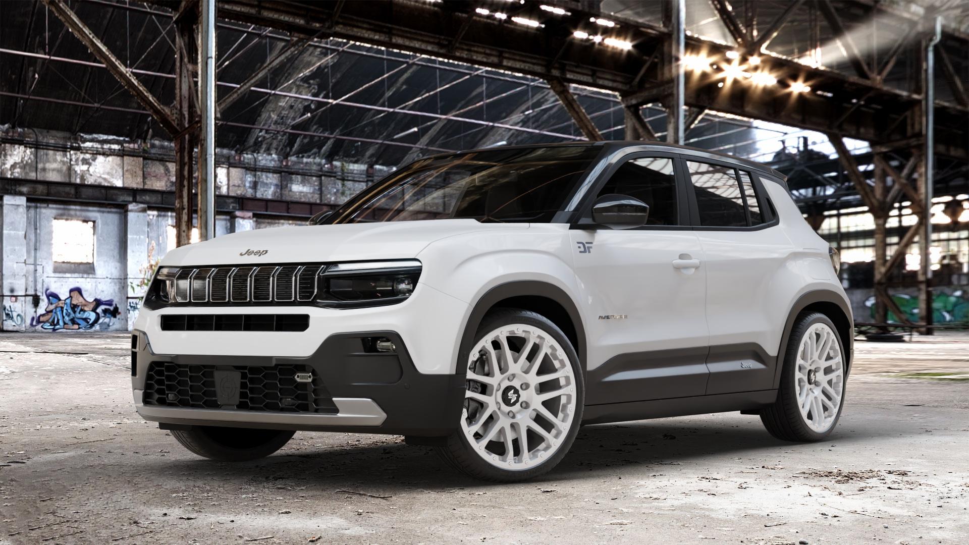 etabeta COMBAT CV Silver Felge mit Reifen silber in 20Zoll Winterfelge Alufelge auf weissem Jeep Avenger Typ FH1 ⬇️ mit 15mm Tieferlegung ⬇️ Old Industrial Hall_max_4400mm_2024 Frontansicht_1