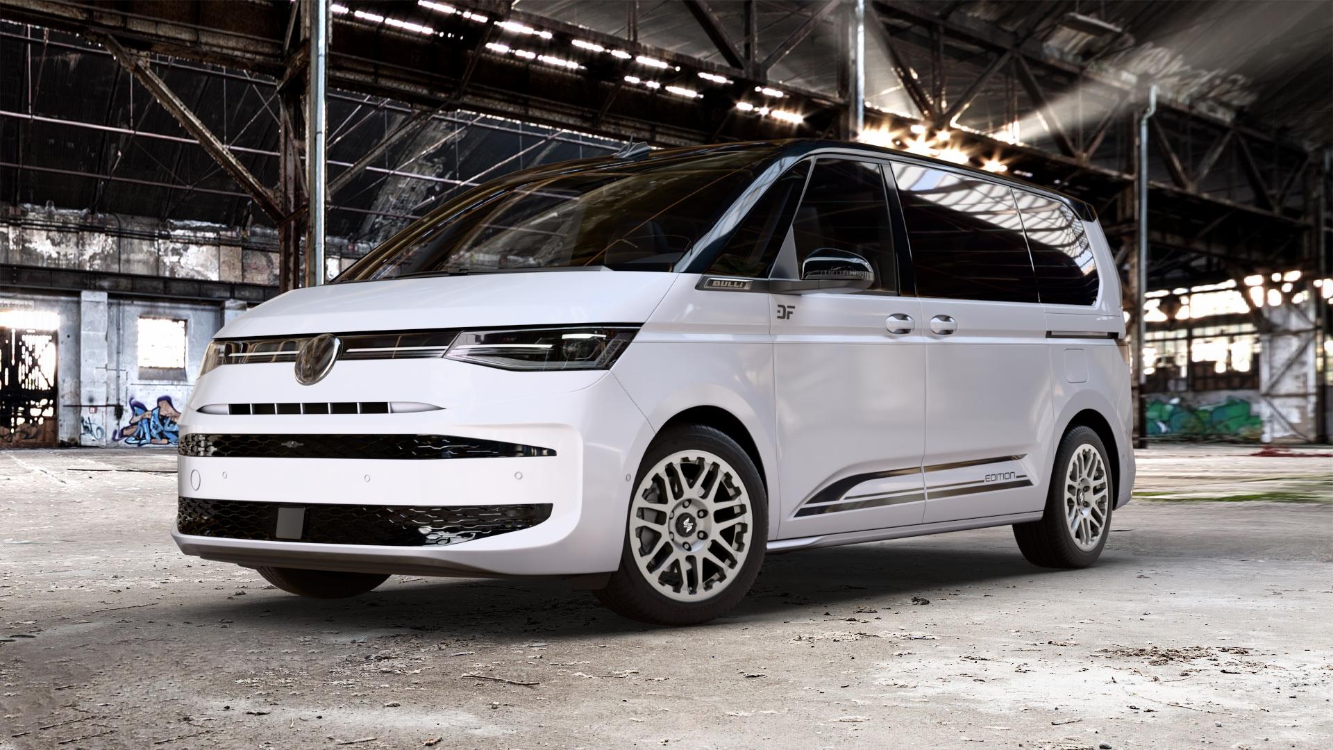 etabeta COMBAT Silver Felge mit Reifen silber in 18Zoll Winterfelge Alufelge auf weissem und schwarzem Volkswagen (VW) T7 Multivan Bus ⬇️ mit 15mm Tieferlegung ⬇️ Old Industrial Hall_max_5300mm_2024 Frontansicht_1