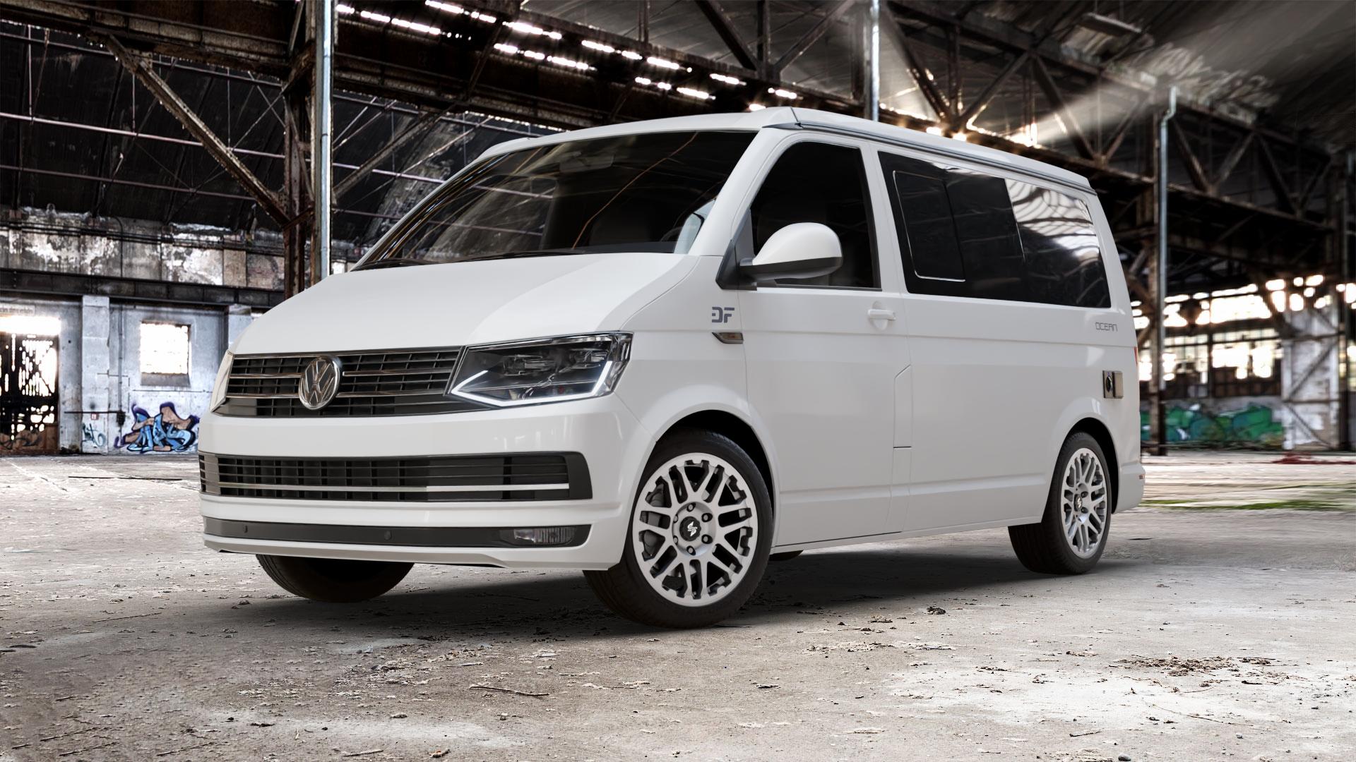 etabeta COMBAT Silver Felge mit Reifen silber in 18Zoll Winterfelge Alufelge auf weissem Volkswagen (VW) T6 California Beach ⬇️ mit 15mm Tieferlegung ⬇️ Old Industrial Hall_max_5300mm_2024 Frontansicht_1