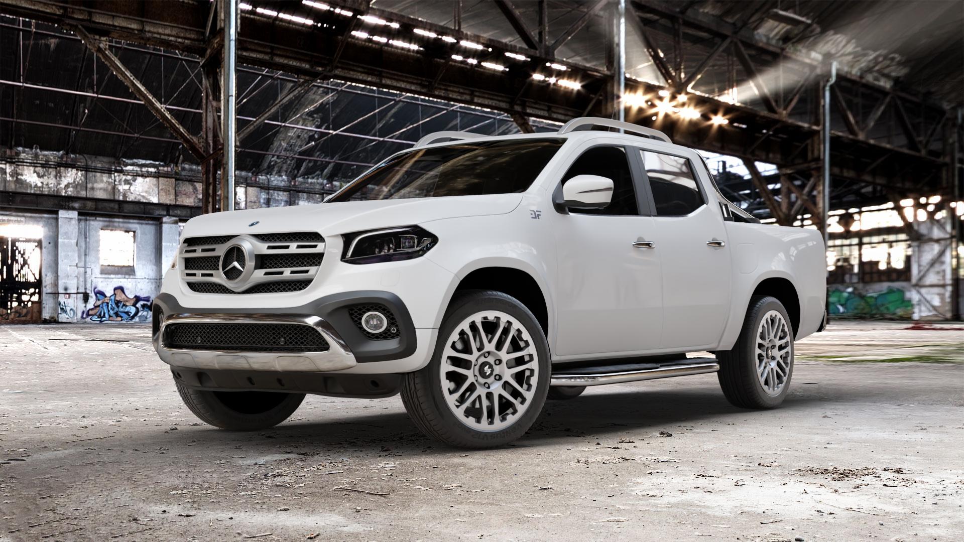 etabeta COMBAT Silver Felge mit Reifen silber in 20Zoll Winterfelge Alufelge auf weissem Mercedes X-Klasse ⬇️ mit 15mm Tieferlegung ⬇️ Old Industrial Hall_max_5300mm_2024 Frontansicht_1