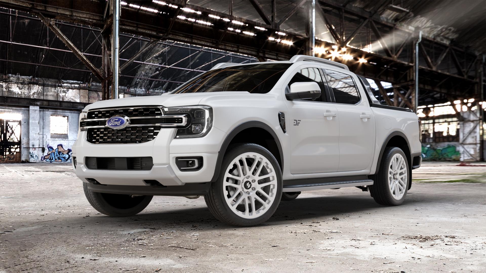 etabeta COMBAT Silver Felge mit Reifen silber in 22Zoll Winterfelge Alufelge auf weissem Ford Ranger VII Typ 2AB ⬇️ mit 15mm Tieferlegung ⬇️ Old Industrial Hall_max_5300mm_2024 Frontansicht_1