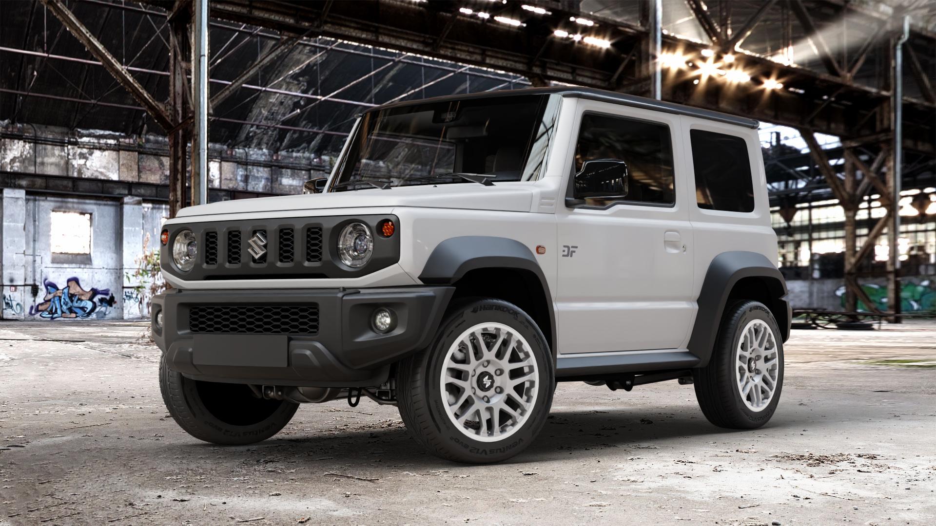 etabeta COMBAT Silver matt lip pol. Felge mit Reifen silber in 17Zoll Alufelge auf weissem Suzuki Jimny Typ GJ HJ ⬇️ mit 15mm Tieferlegung ⬇️ Old Industrial Hall_max_4400mm_2024 Frontansicht_1