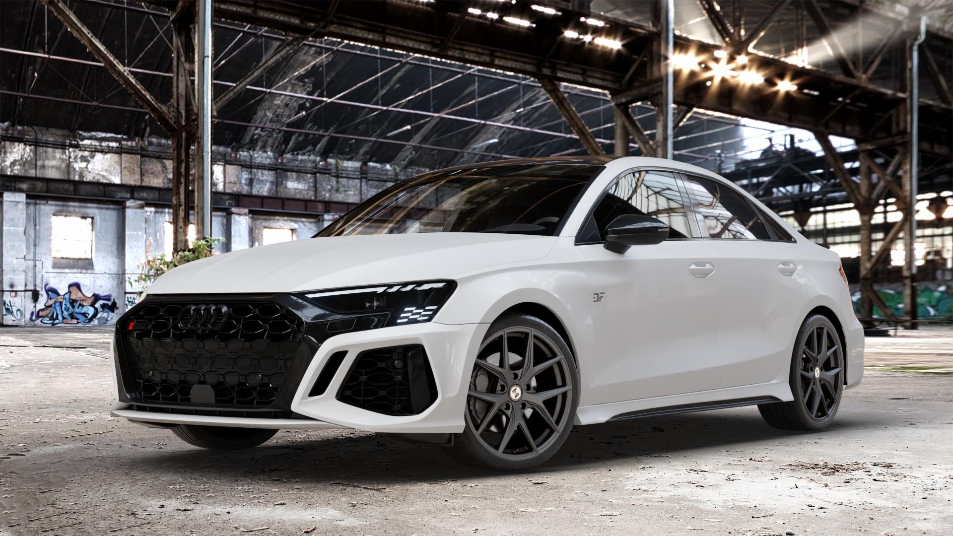 etabeta GRi-N Anthracite matt Felge mit Reifen grau anthrazit in 19Zoll Winterfelge Alufelge auf weissem Audi A3 Typ GY (Limousine) 2,5l TFSI quattro 294kW RS3 (400 PS) 299kW (407 ⬇️ mit 15mm Tieferlegung ⬇️ Old Industrial Hall_max_4400mm_2024 Frontansicht_1