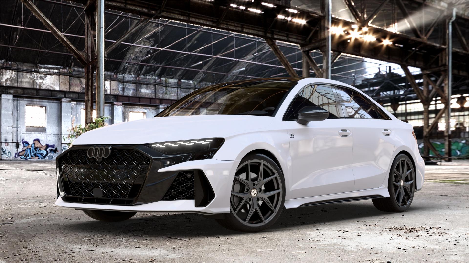 etabeta GRi-N Anthracite matt Felge mit Reifen grau anthrazit in 19Zoll Winterfelge Alufelge auf weissem Audi A3 Typ GY (Limousine) Facelift 2,5l TFSI quattro 294kW RS3 (400 PS) 299kW (407 ⬇️ mit 15mm Tieferlegung ⬇️ Old Industrial Hall_max_4400mm_2024 Frontansicht_1