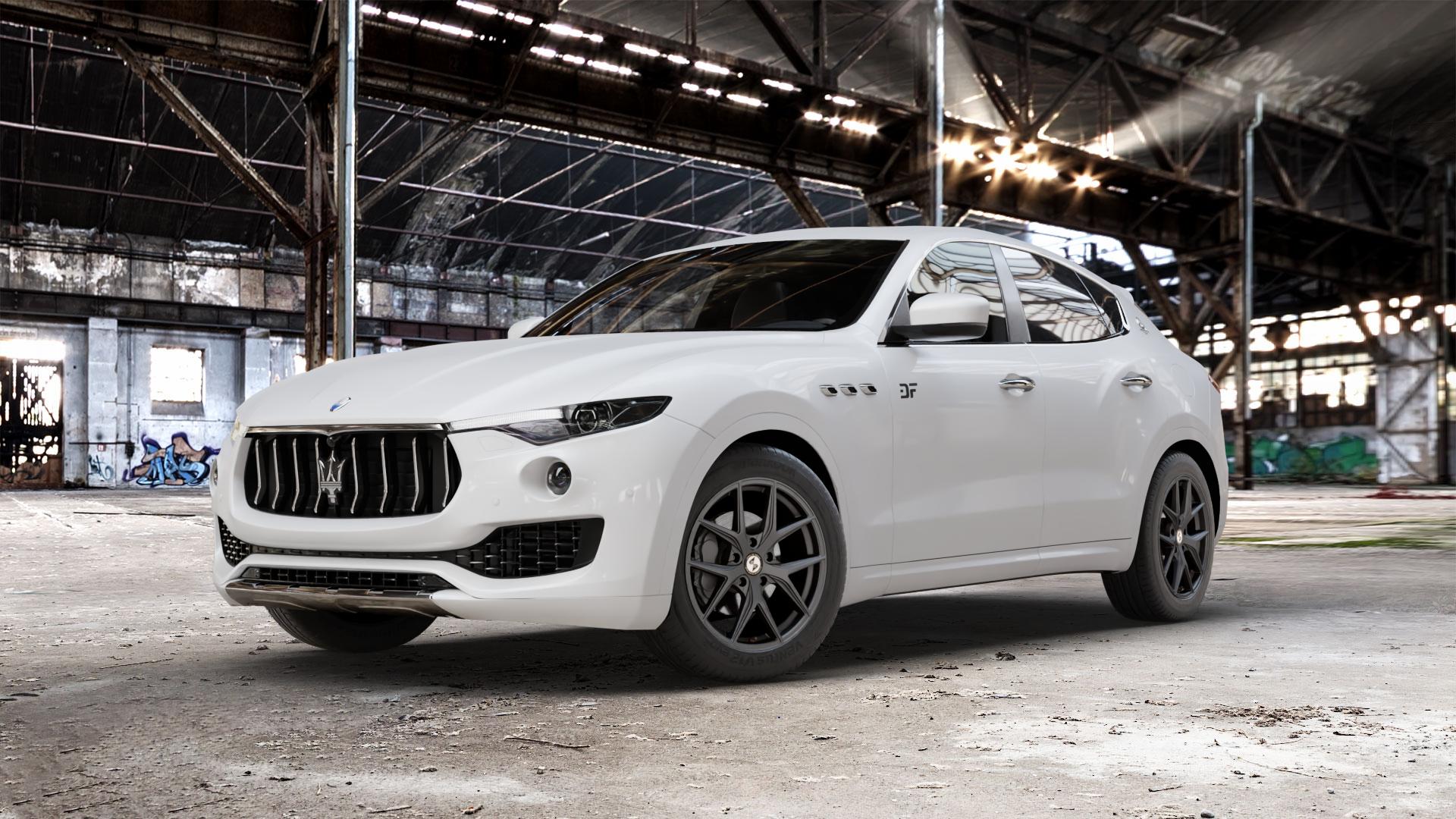 etabeta GRi-N Anthracite matt Felge mit Reifen grau anthrazit in 19Zoll Winterfelge Alufelge auf weissem Maserati Levante Typ M156 ⬇️ mit 15mm Tieferlegung ⬇️ Old Industrial Hall_max_5300mm_2024 Frontansicht_1