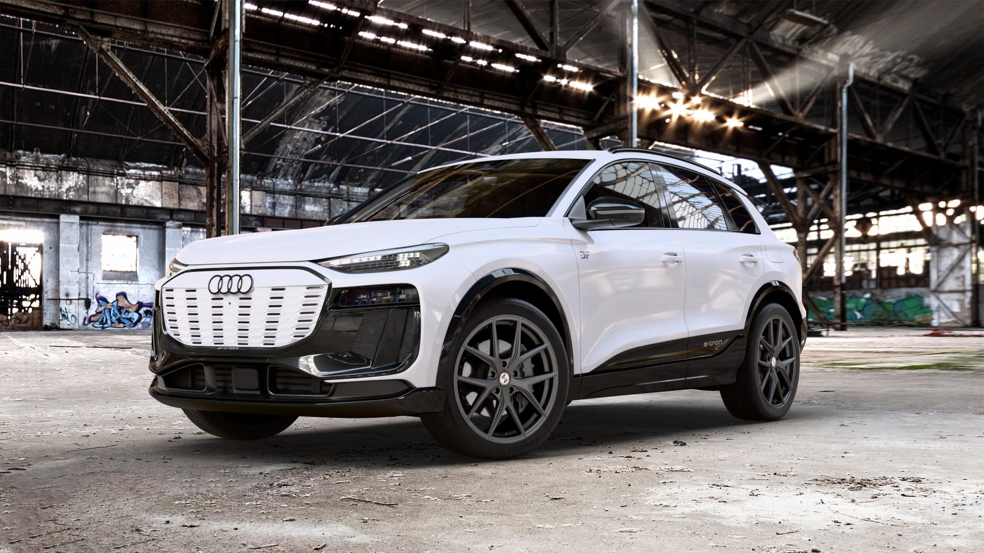 etabeta GRi-N Anthracite matt Felge mit Reifen grau anthrazit in 21Zoll Winterfelge Alufelge auf weissem Audi Q6 Typ GF 0,0l 120kW 55 e-tron quattro (163 PS) SQ6 qutratto performance 100kW (136 ⬇️ mit 15mm Tieferlegung ⬇️ Old Industrial Hall_max_5300mm_2024 Frontansicht_1