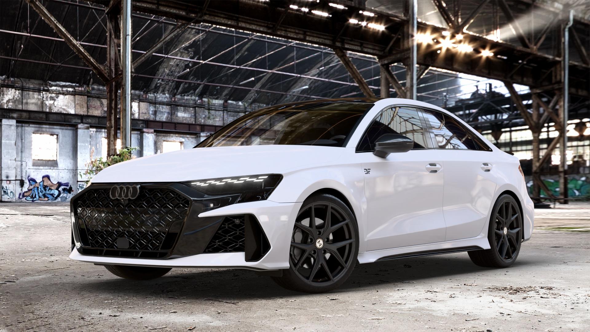 etabeta GRi-N Black matt Felge mit Reifen schwarz in 19Zoll Winterfelge Alufelge auf weissem Audi A3 Typ GY (Limousine) Facelift 2,5l TFSI quattro 294kW RS3 (400 PS) 299kW (407 ⬇️ mit 15mm Tieferlegung ⬇️ Old Industrial Hall_max_4400mm_2024 Frontansicht_1