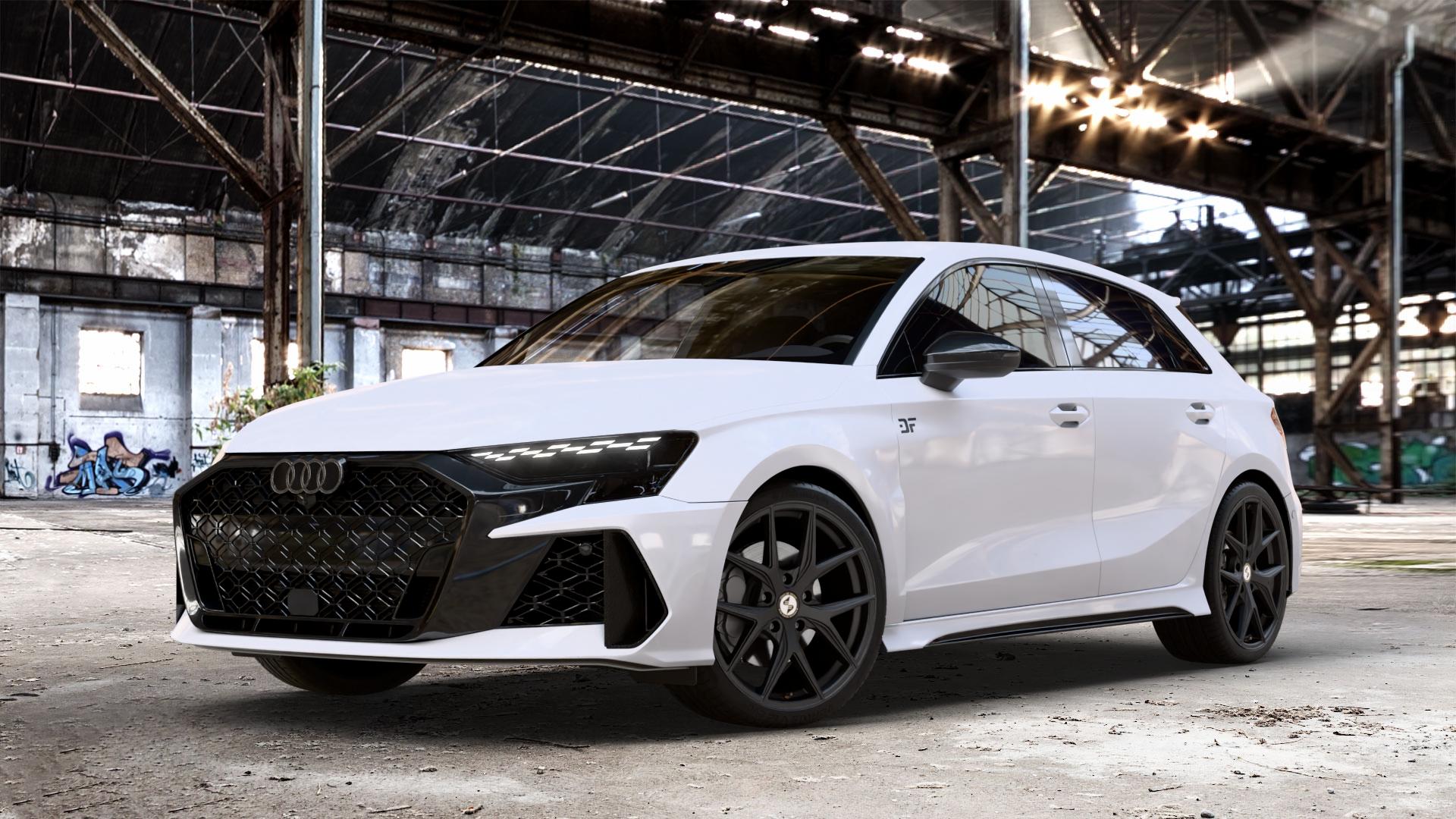 etabeta GRi-N Black matt Felge mit Reifen schwarz in 19Zoll Winterfelge Alufelge auf weissem Audi A3 Typ GY (Sportback) Facelift 2,5l TFSI quattro 294kW RS3 (400 PS) 299kW (407 ⬇️ mit 15mm Tieferlegung ⬇️ Old Industrial Hall_max_4400mm_2024 Frontansicht_1