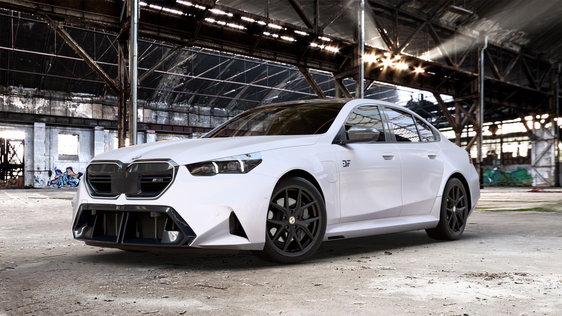 etabeta GRi-N Black matt Felge mit Reifen schwarz in 20Zoll Winterfelge Alufelge auf weissem BMW M5 Typ G90 (Limousine) ⬇️ mit 15mm Tieferlegung ⬇️ Old Industrial Hall_max_5300mm_2024 Frontansicht_1