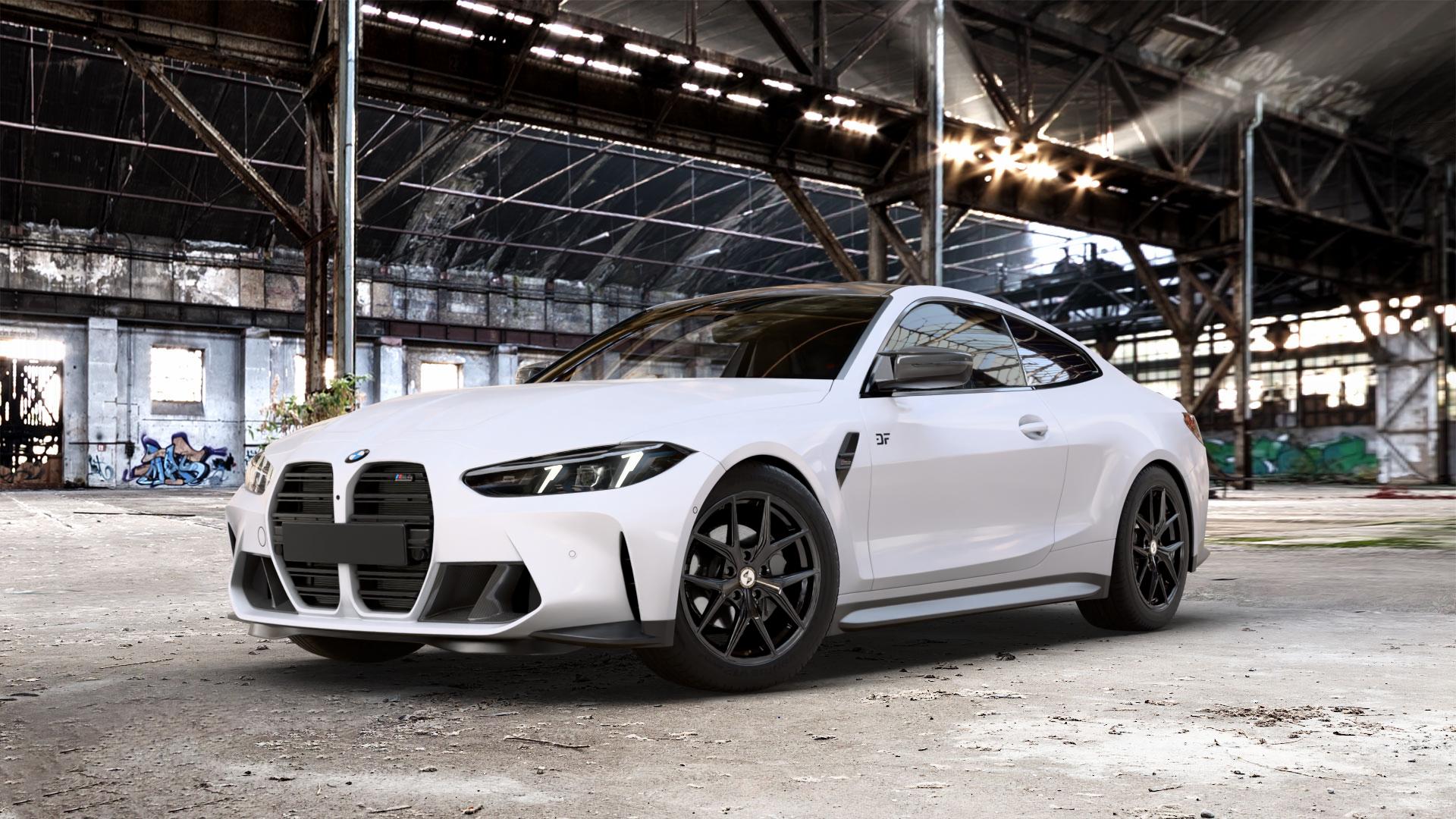 etabeta GRi-N Black shiny Felge mit Reifen schwarz in 19Zoll Winterfelge Alufelge auf weissem BMW M4 Typ G82 (Coupe) Facelift 3,0l 390kW Competition xDrive (530 PS) CS 405kW (551 353kW (480 375kW (510 ⬇️ mit 15mm Tieferlegung ⬇️ Old Industrial Hall_max_5300mm_2024 Frontansicht_1