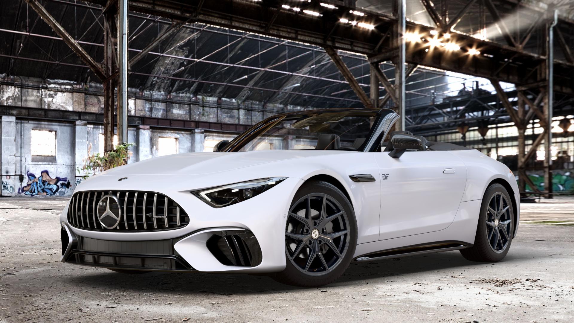 etabeta GRi-N Black shiny Felge mit Reifen schwarz in 19Zoll Winterfelge Alufelge auf weissem Mercedes SL Typ R232 2,0l 43 280kW Mild-Hybrid (381 PS) 4,0l 55 4MATIC+ 350kW (476 63 430kW (585 ⬇️ mit 15mm Tieferlegung ⬇️ Old Industrial Hall_max_4400mm_2024 Frontansicht_1
