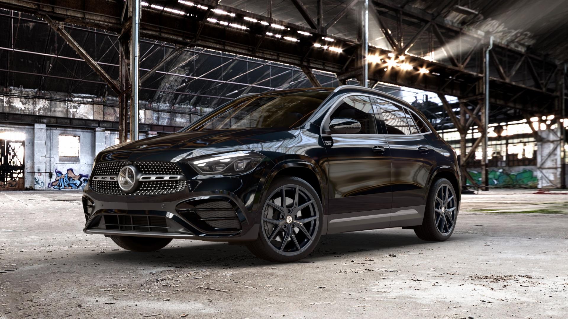 etabeta GRi-N Black shiny Felge mit Reifen schwarz in 20Zoll Winterfelge Alufelge auf schwarzem metallic Mercedes GLA-Klasse Typ F2B Facelift ⬇️ mit 15mm Tieferlegung ⬇️ Old Industrial Hall_max_5300mm_2024 Frontansicht_1