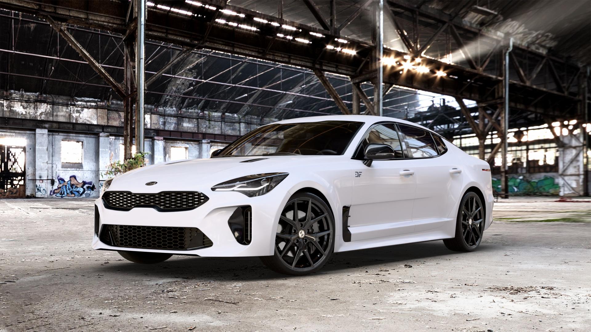 etabeta GRi-N Black shiny Felge mit Reifen schwarz in 20Zoll Winterfelge Alufelge auf weissem Kia Stinger Typ CK ⬇️ mit 15mm Tieferlegung ⬇️ Old Industrial Hall_max_5300mm_2024 Frontansicht_1