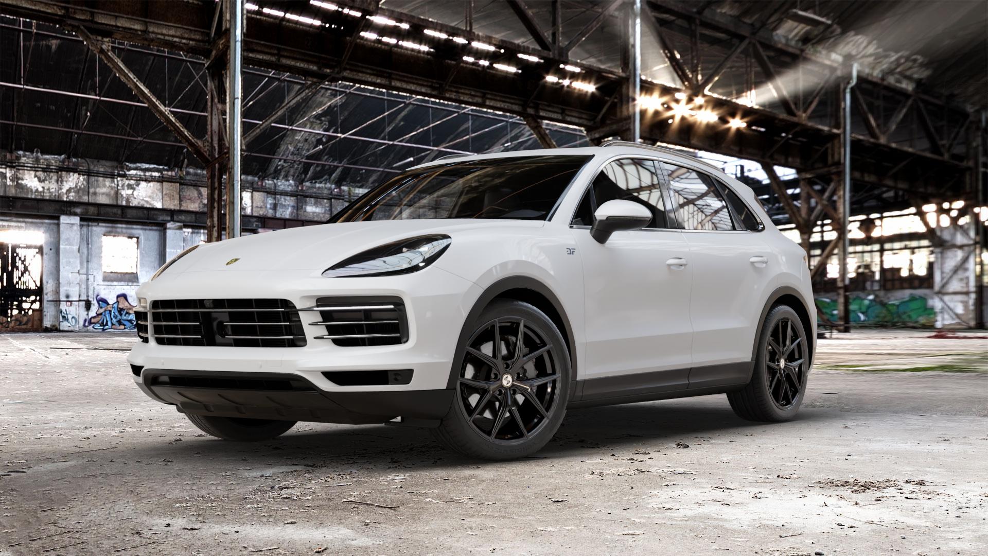 etabeta GRi-N Black shiny Felge mit Reifen schwarz in 21Zoll Winterfelge Alufelge auf weissem Porsche Cayenne III Typ 9YA ⬇️ mit 15mm Tieferlegung ⬇️ Old Industrial Hall_max_5300mm_2024 Frontansicht_1