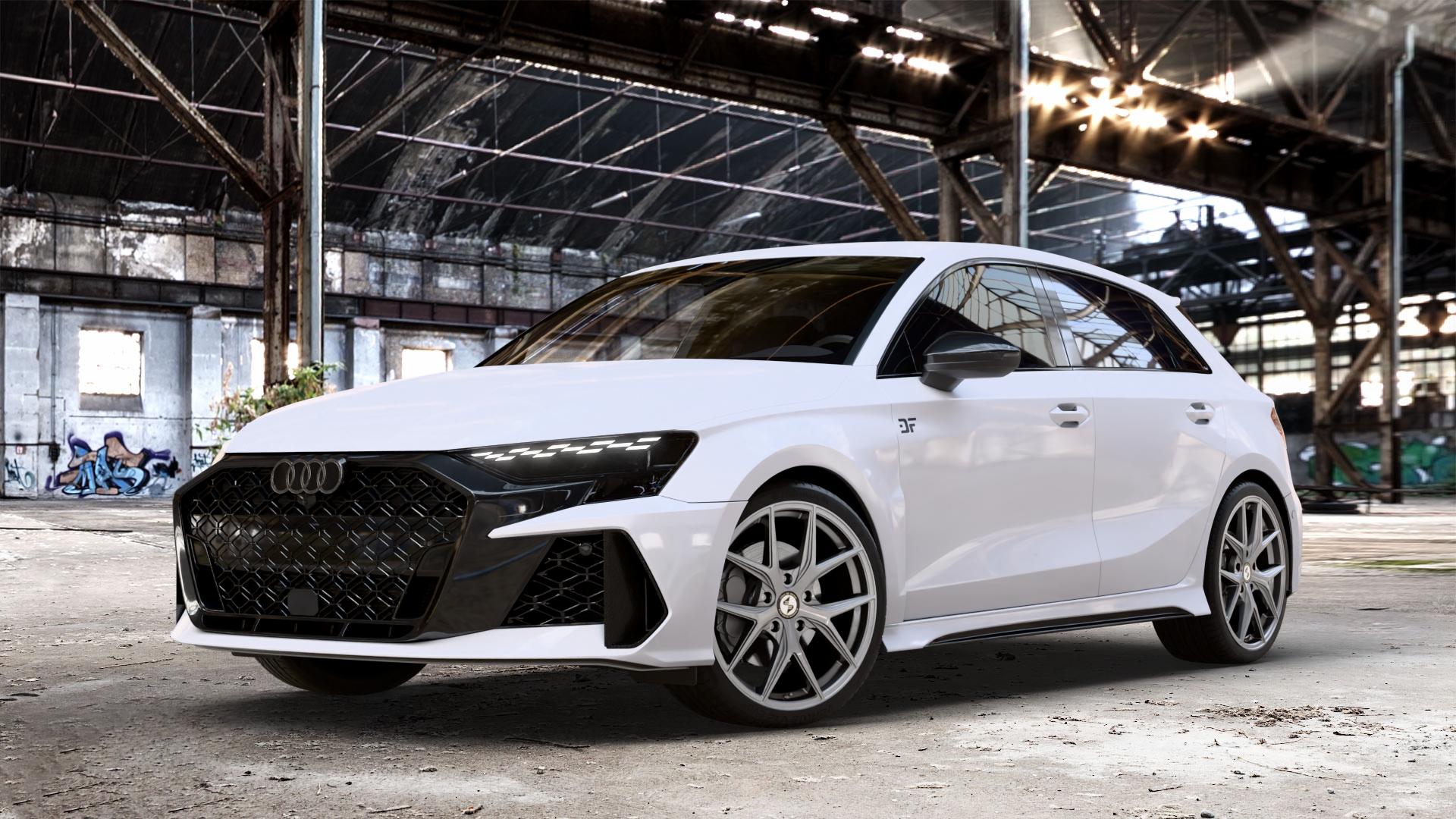 etabeta GRi-N Silver Felge mit Reifen silber in 19Zoll Winterfelge Alufelge auf weissem Audi A3 Typ GY (Sportback) Facelift 2,5l TFSI quattro 294kW RS3 (400 PS) 299kW (407 ⬇️ mit 15mm Tieferlegung ⬇️ Old Industrial Hall_max_4400mm_2024 Frontansicht_1