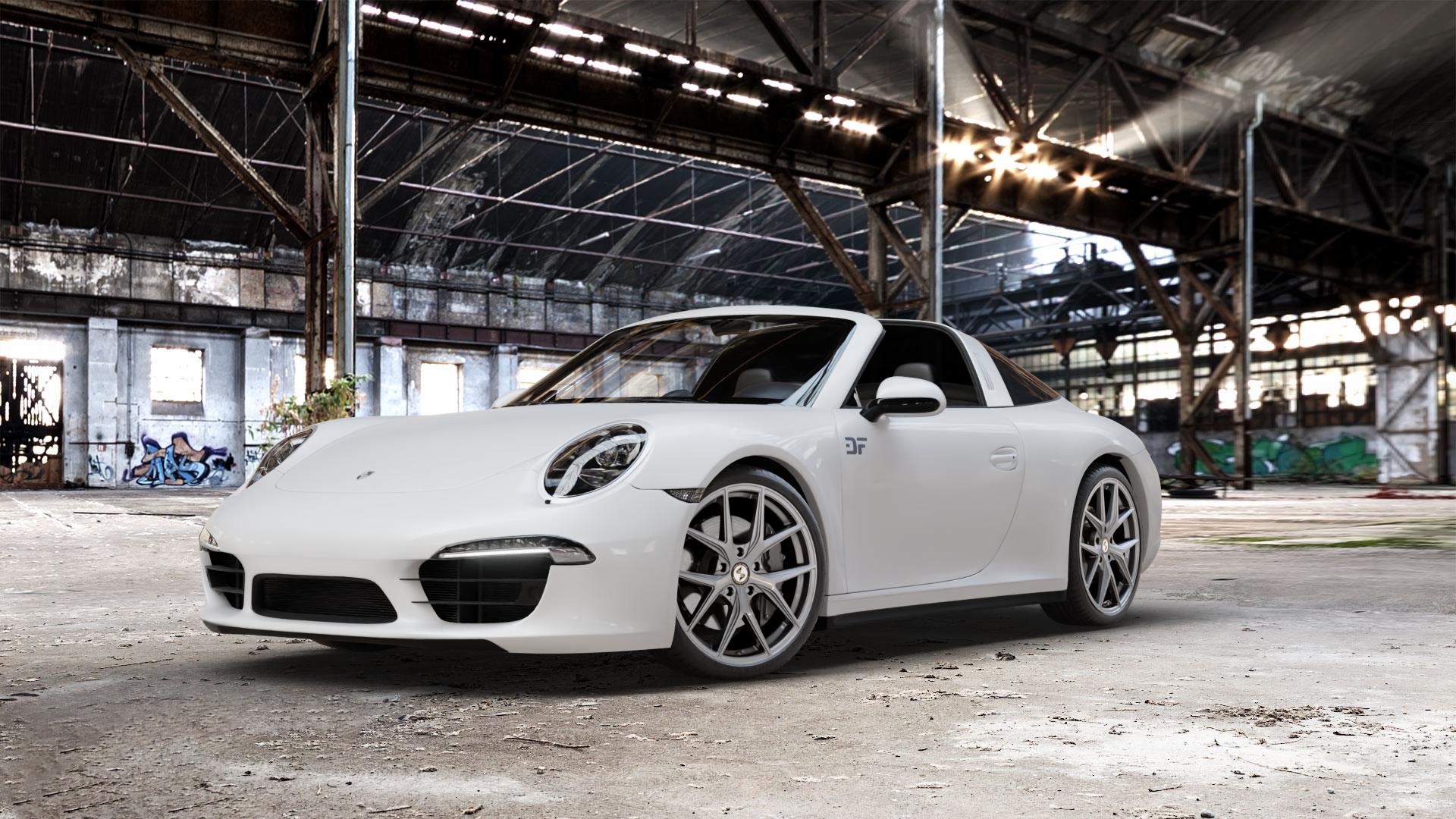 etabeta GRi-N Silver Felge mit Reifen silber in 20Zoll Winterfelge Alufelge auf weissem Porsche 911 Typ 991 Targa ⬇️ mit 15mm Tieferlegung ⬇️ Old Industrial Hall_max_5300mm_2024 Frontansicht_1