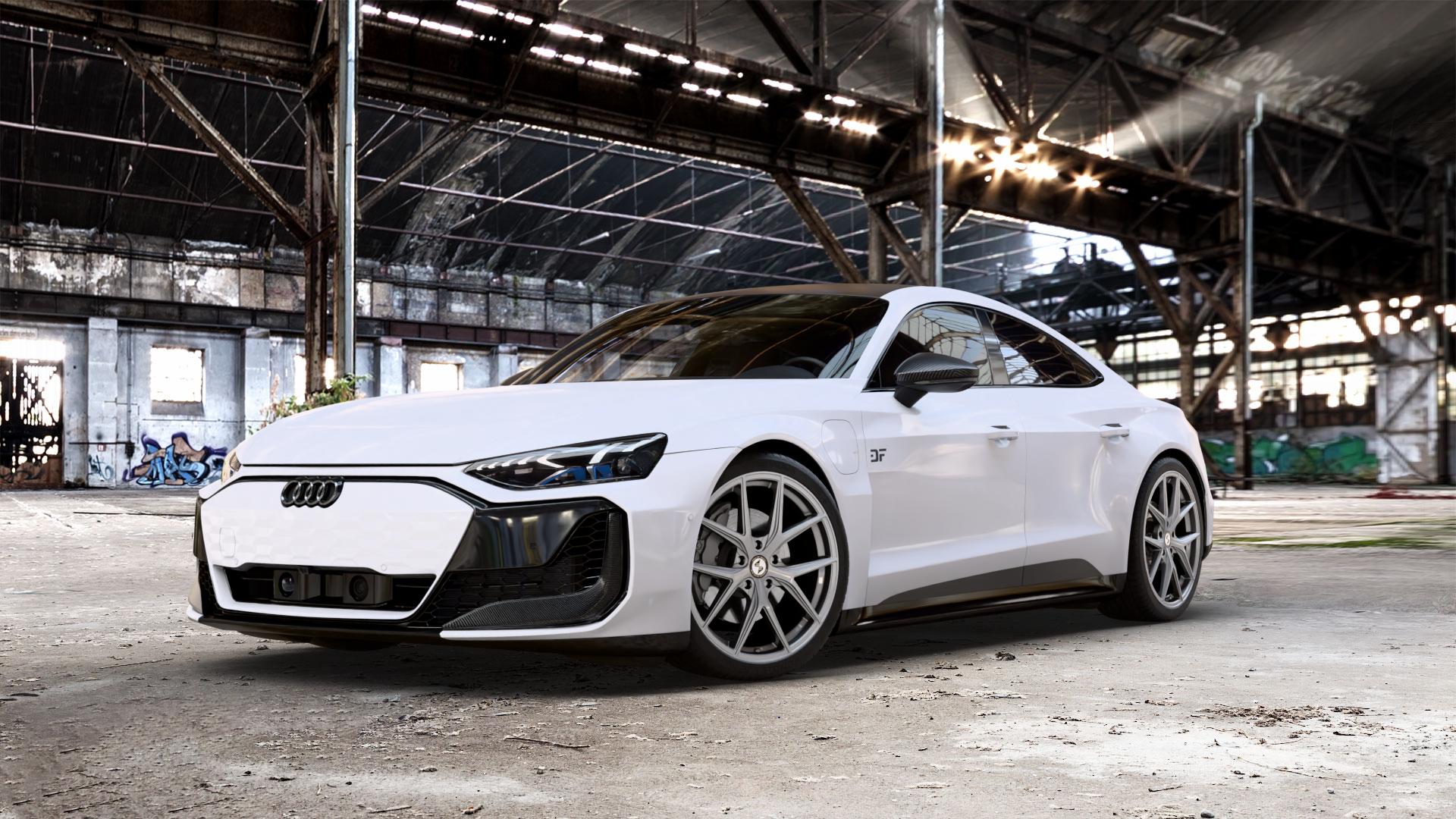 etabeta GRi-N Silver Felge mit Reifen silber in 21Zoll Winterfelge Alufelge auf weissem Audi RS E-Tron GT Performance Typ FW e-tron ⬇️ mit 15mm Tieferlegung ⬇️ Old Industrial Hall_max_5300mm_2024 Frontansicht_1