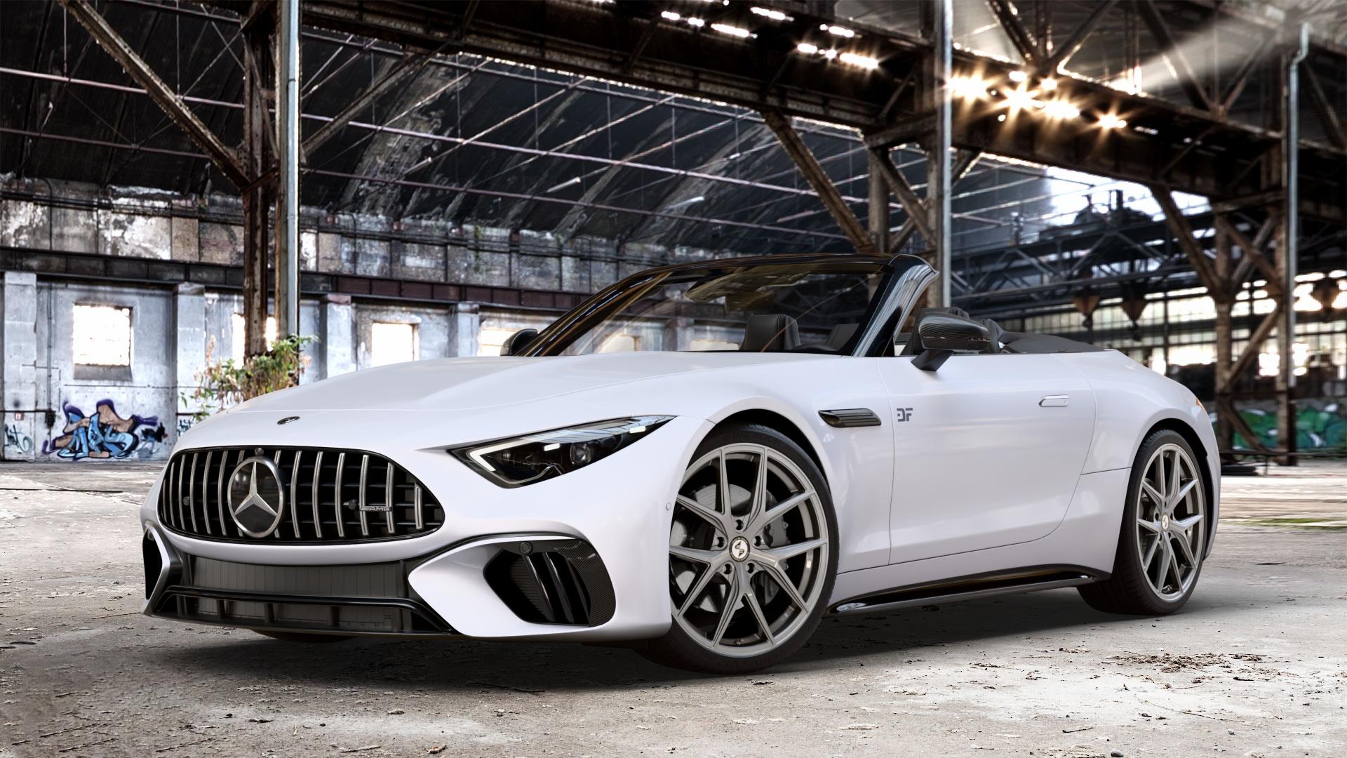 etabeta GRi-N Silver Felge mit Reifen silber in 21Zoll Winterfelge Alufelge auf weissem Mercedes SL Typ R232 2,0l 43 280kW Mild-Hybrid (381 PS) 4,0l 55 4MATIC+ 350kW (476 63 430kW (585 ⬇️ mit 15mm Tieferlegung ⬇️ Old Industrial Hall_max_4400mm_2024 Frontansicht_1