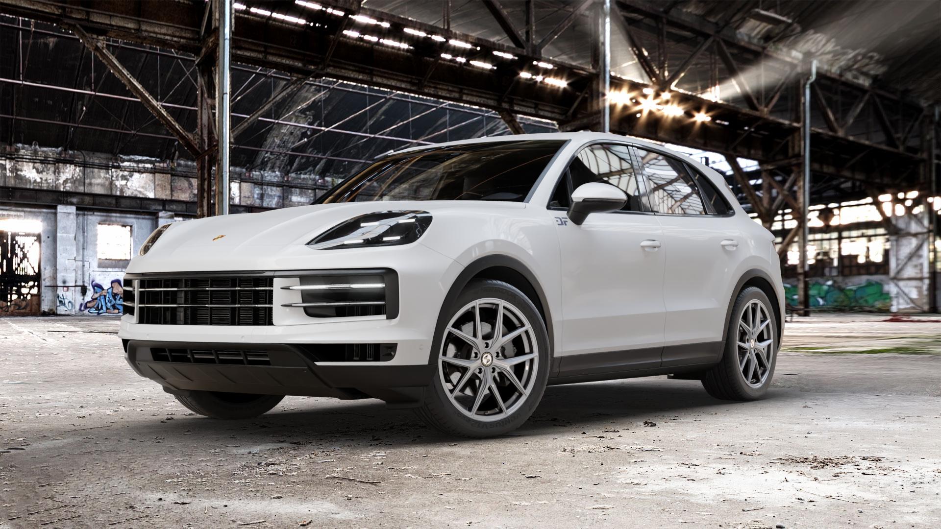 etabeta GRi-N Silver Felge mit Reifen silber in 21Zoll Winterfelge Alufelge auf weissem Porsche Cayenne III Typ 9YA Facelift ⬇️ mit 15mm Tieferlegung ⬇️ Old Industrial Hall_max_5300mm_2024 Frontansicht_1