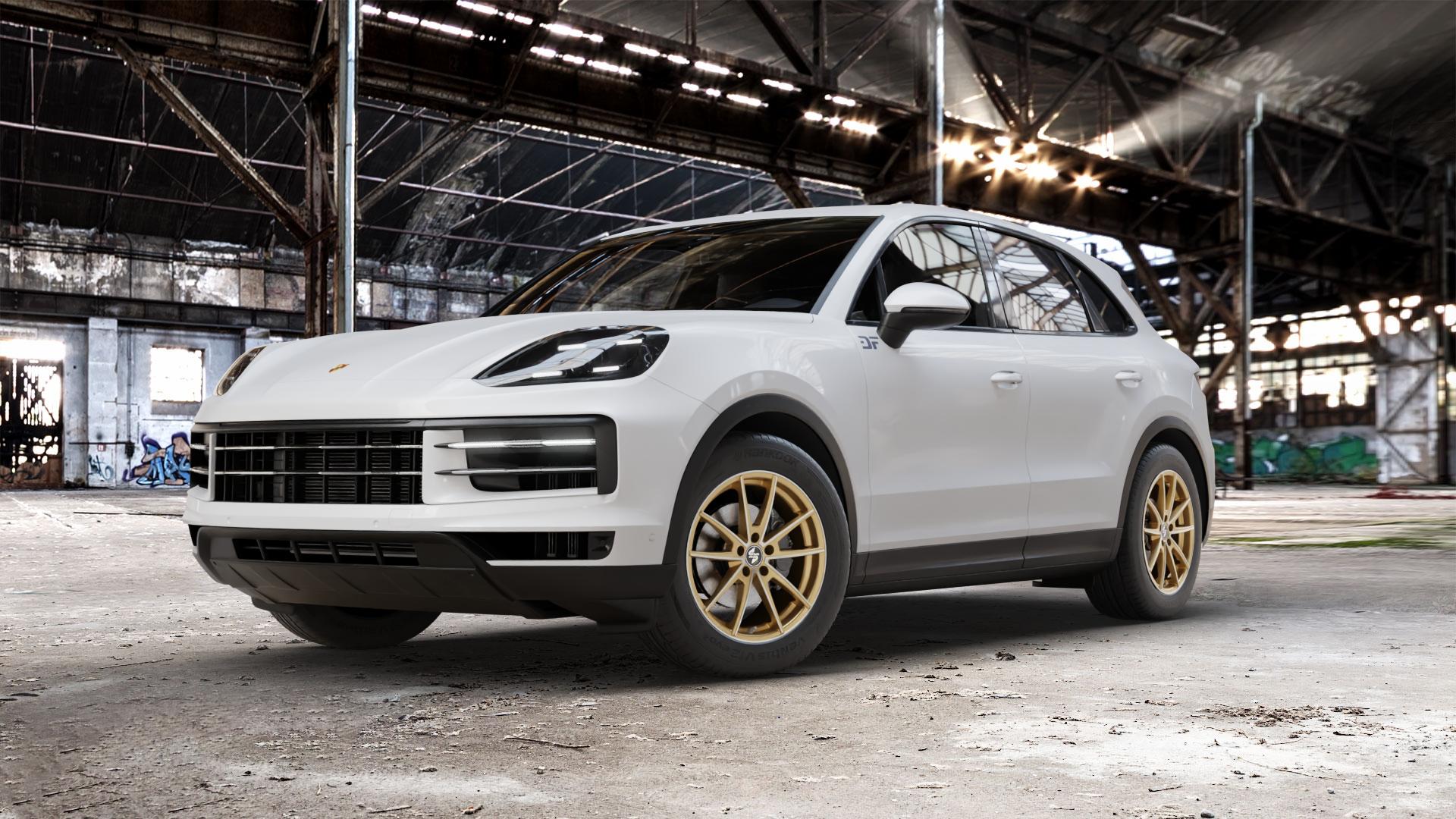 etabeta MANAY Gold matt full pol. Felge mit Reifen in 19Zoll Alufelge auf weissem Porsche Cayenne III Typ 9YA Facelift ⬇️ mit 15mm Tieferlegung ⬇️ Old Industrial Hall_max_5300mm_2024 Frontansicht_1