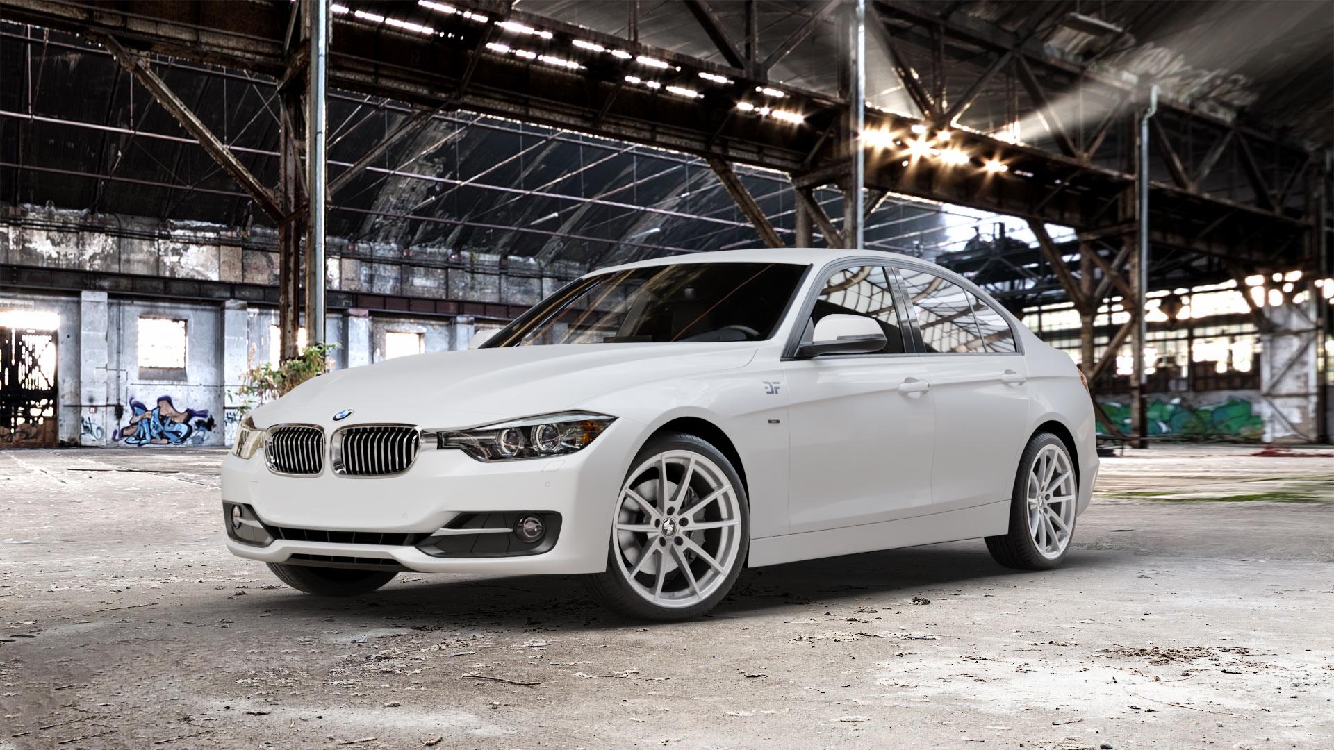 etabeta MANAY-K Silver Felge mit Reifen silber in 19Zoll Winterfelge Alufelge auf weissem BMW 320i Typ F30 (Limousine) 328i 335i 320d 318d 316d 316i 330d xDrive EffDyn Edition 325d 335d ActiveHybrid 3L (F30) 318i 330i 340i 330e iPerformance 3er Limous ⬇️ mit 15mm Tieferlegung ⬇️ Old Industrial Hall_max_5300mm_2024 Frontansicht_1