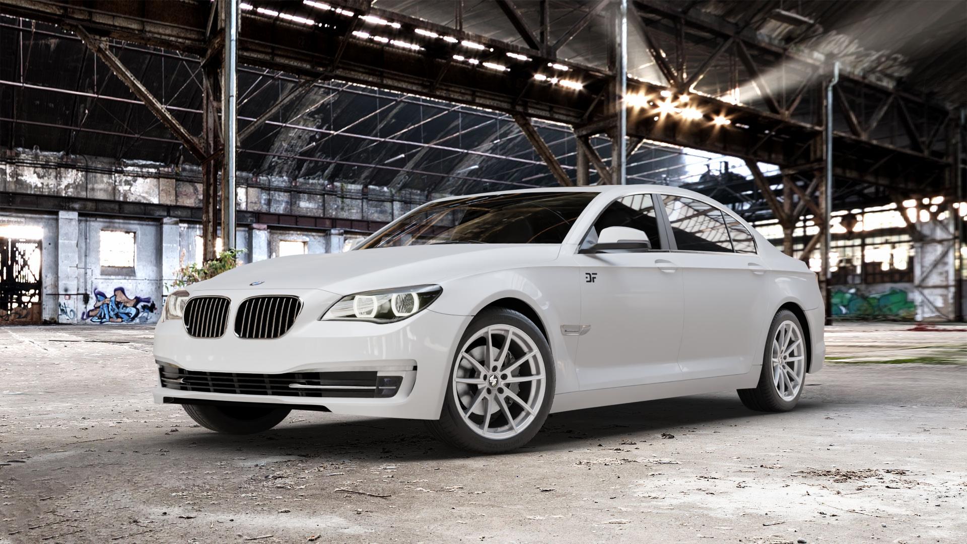 etabeta MANAY-K Silver Felge mit Reifen silber in 19Zoll Winterfelge Alufelge auf weissem BMW 7er F01 Limousine (7L, 701, HY) F02 lang ⬇️ mit 15mm Tieferlegung ⬇️ Old Industrial Hall_max_5300mm_2024 Frontansicht_1