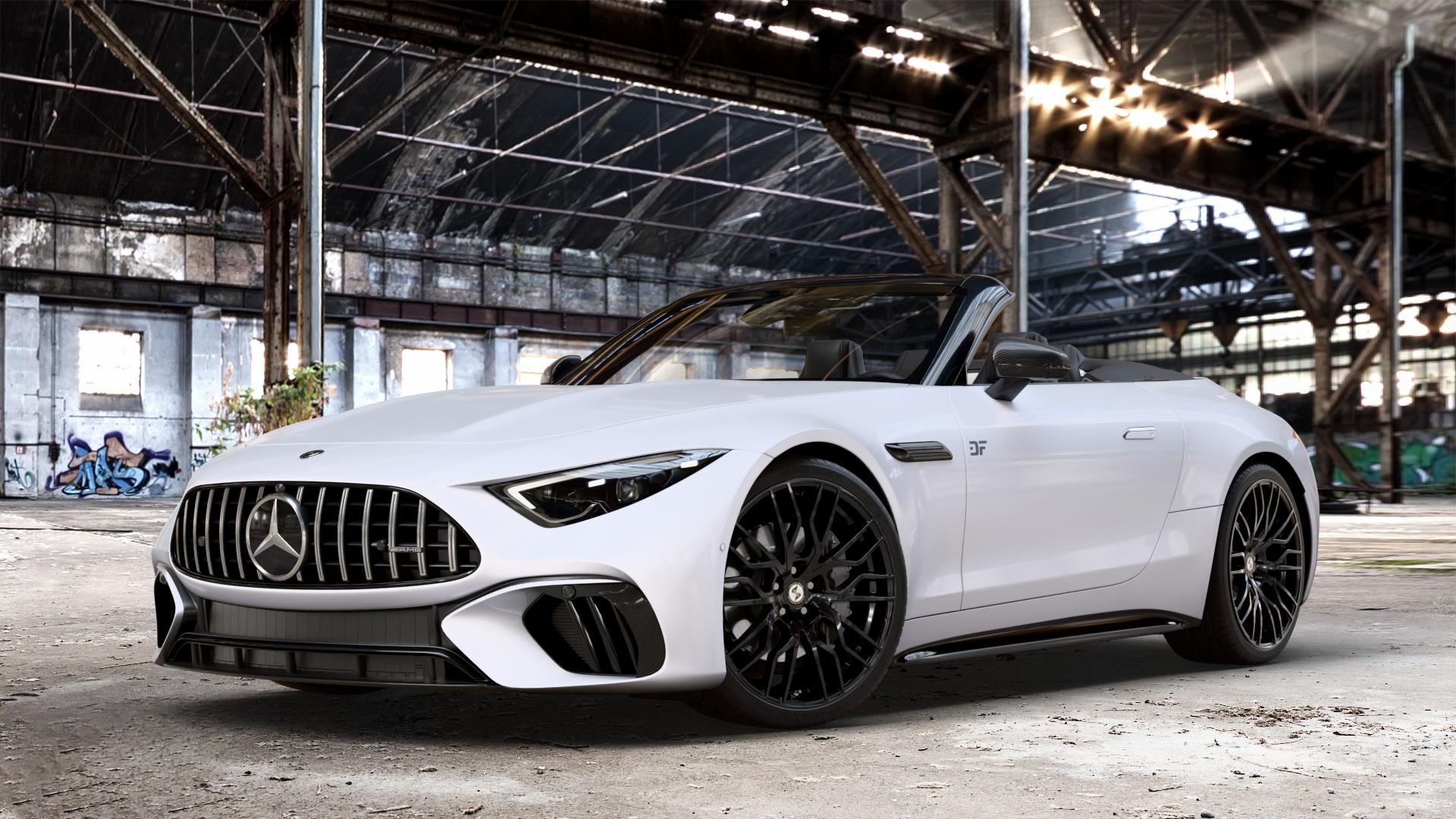 etabeta MEDUSA Black shiny Felge mit Reifen schwarz in 21Zoll Winterfelge Alufelge auf weissem Mercedes SL Typ R232 2,0l 43 280kW Mild-Hybrid (381 PS) 4,0l 55 4MATIC+ 350kW (476 63 430kW (585 ⬇️ mit 15mm Tieferlegung ⬇️ Old Industrial Hall_max_4400mm_2024 Frontansicht_1