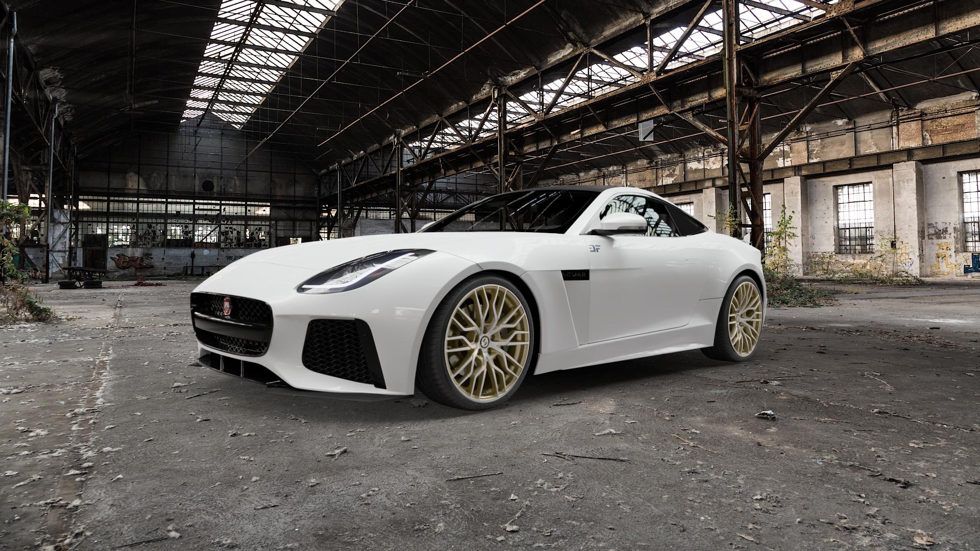 etabeta MEDUSA Gold matt full pol. Felge mit Reifen in 20Zoll Alufelge auf weissem Jaguar F-Type Coupe Typ QQ6 ⬇️ mit 15mm Tieferlegung ⬇️ Old Industrial Hall_max5000mm_2022 Frontansicht_1