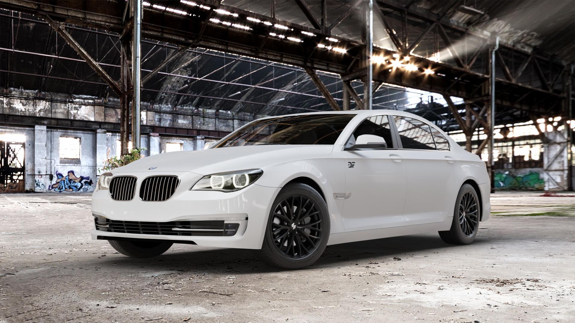 etabeta PIUMA-C Black matt Felge mit Reifen schwarz in 18Zoll Winterfelge Alufelge auf weissem BMW 7er F01 Limousine (7L, 701, HY) F02 lang ⬇️ mit 15mm Tieferlegung ⬇️ Old Industrial Hall_max_5300mm_2024 Frontansicht_1