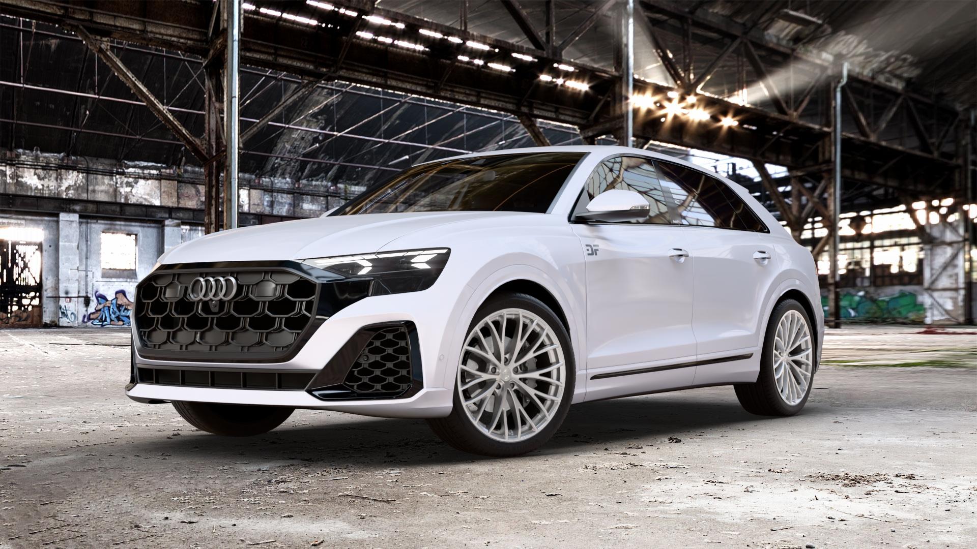 etabeta PIUMA-C Silver Felge mit Reifen silber in 22Zoll Winterfelge Alufelge auf weißem Audi Q8 Typ 4M (4L) Facelift ⬇️ mit 15mm Tieferlegung ⬇️ Old Industrial Hall_max_5300mm_2024 Frontansicht_1