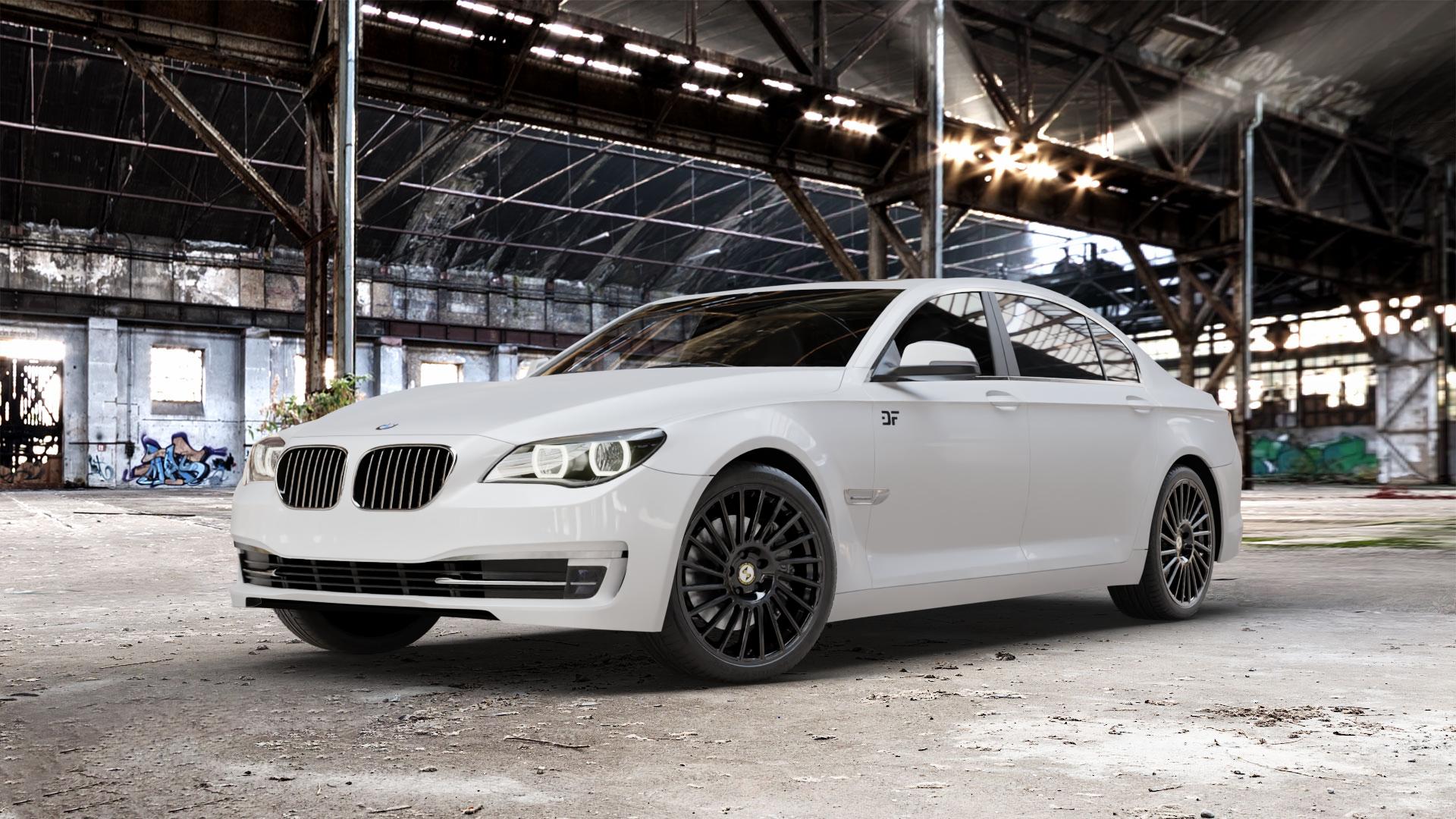 etabeta VENTI-R Black shiny Felge mit Reifen schwarz in 20Zoll Winterfelge Alufelge auf weissem BMW 7er F01 Limousine (7L, 701, HY) F02 lang ⬇️ mit 15mm Tieferlegung ⬇️ Old Industrial Hall_max_5300mm_2024 Frontansicht_1