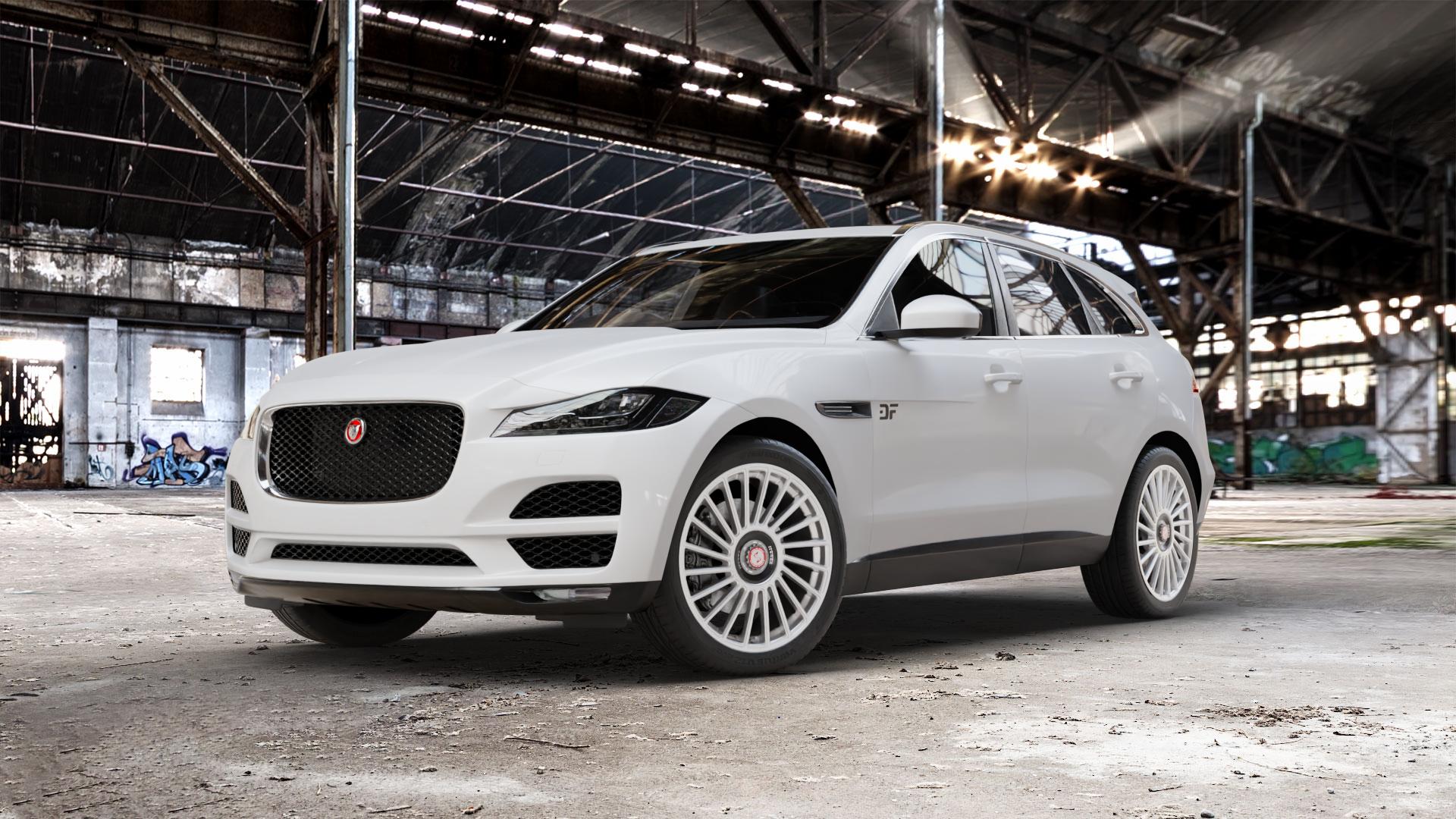 etabeta VENTI-R ZV Silver schwarz-silber Felge mit Reifen in 21Zoll Winterfelge Alufelge auf weissem Jaguar F-Pace Typ DC ⬇️ mit 15mm Tieferlegung ⬇️ Old Industrial Hall_max_5300mm_2024 Frontansicht_1