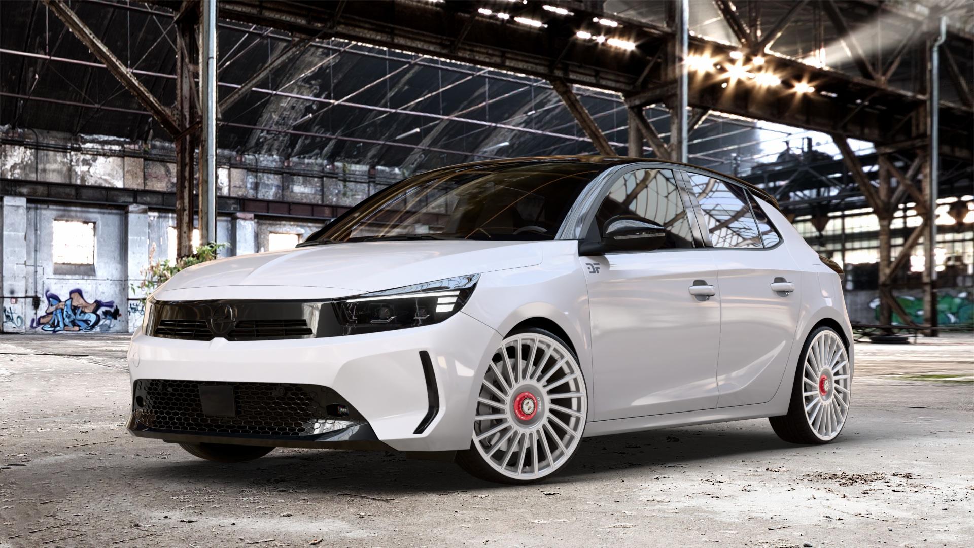 etabeta VENTI-R ZV Silver silber-rot Felge mit Reifen in 20Zoll Winterfelge Alufelge auf weissem Opel Corsa F Typ U Facelift 0,0l 57kW Corsa-e (77 PS) 62kW (84 1,2l Turbo 74kW Mild-Hybrid (101 100kW (136 ⬇️ mit 15mm Tieferlegung ⬇️ Old Industrial Hall_max_4400mm_2024 Frontansicht_1