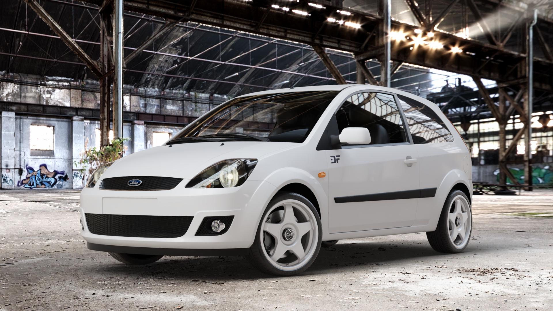 fifteen52 Chicane Speed Silver Felge mit Reifen silber in 17Zoll Winterfelge Alufelge auf weissem Ford Fiesta V Typ JH1/JD3 ⬇️ mit 15mm Tieferlegung ⬇️ Old Industrial Hall_max_4400mm_2024 Frontansicht_1
