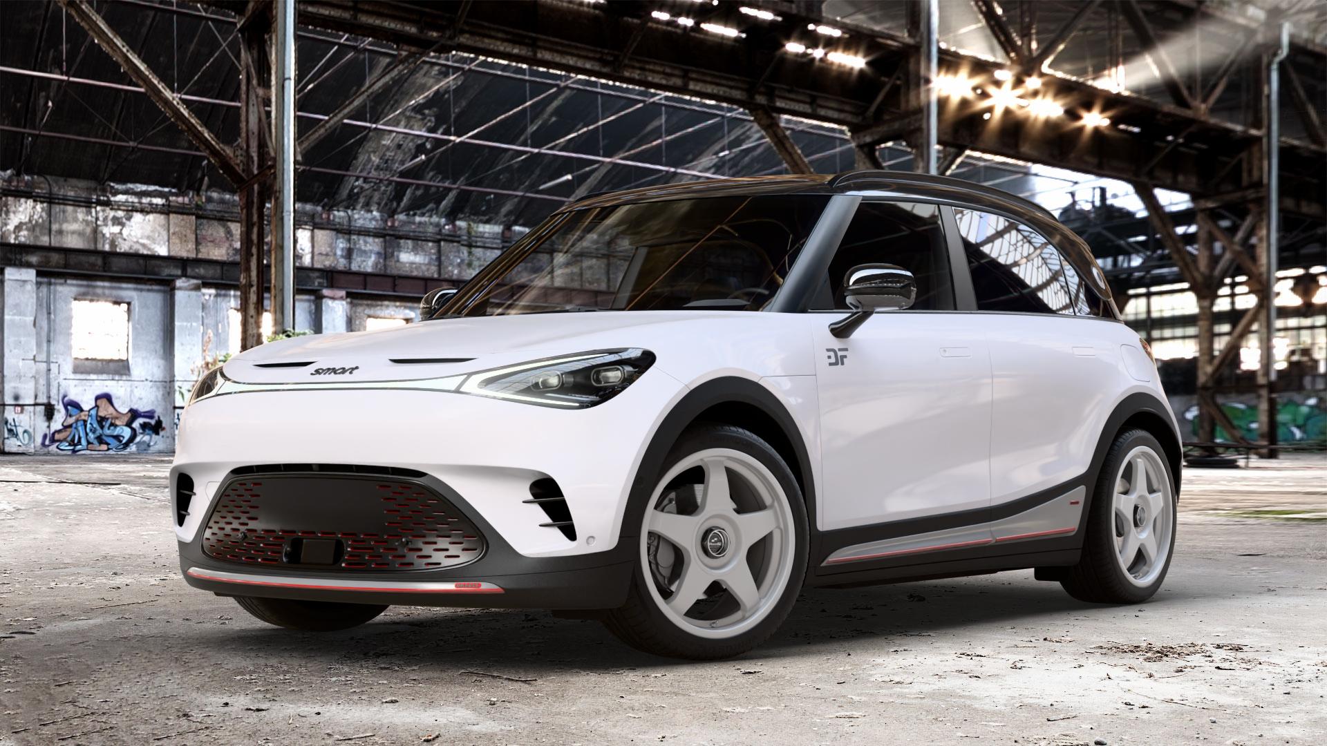 fifteen52 Chicane Speed Silver Felge mit Reifen silber in 19Zoll Winterfelge Alufelge auf weissem Smart #1 Typ HX11 0,0l 315kW Brabus AWD (428 PS) ⬇️ mit 15mm Tieferlegung ⬇️ Old Industrial Hall_max_4400mm_2024 Frontansicht_1