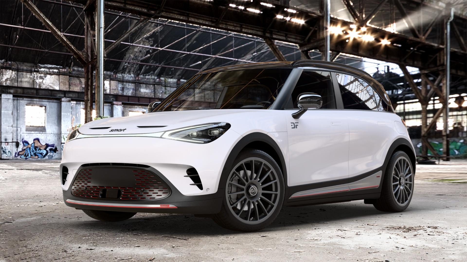 fifteen52 Podium Frosted Graphite Felge mit Reifen grau in 19Zoll Winterfelge Alufelge auf weissem Smart #1 Typ HX11 0,0l 315kW Brabus AWD (428 PS) ⬇️ mit 15mm Tieferlegung ⬇️ Old Industrial Hall_max_4400mm_2024 Frontansicht_1