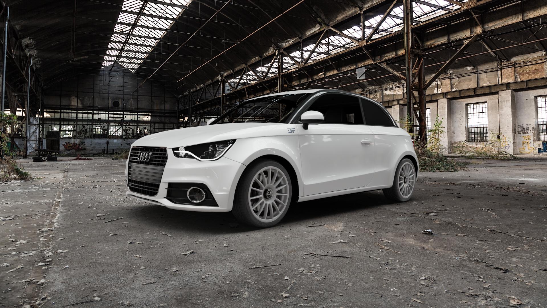 fifteen52 Podium Speed Silver Felge mit Reifen silber in 17Zoll Winterfelge Alufelge auf weissem Audi A1 Typ 8X Facelift ⬇️ mit 15mm Tieferlegung ⬇️ Old Industrial Hall_max5000mm_2022 Frontansicht_1
