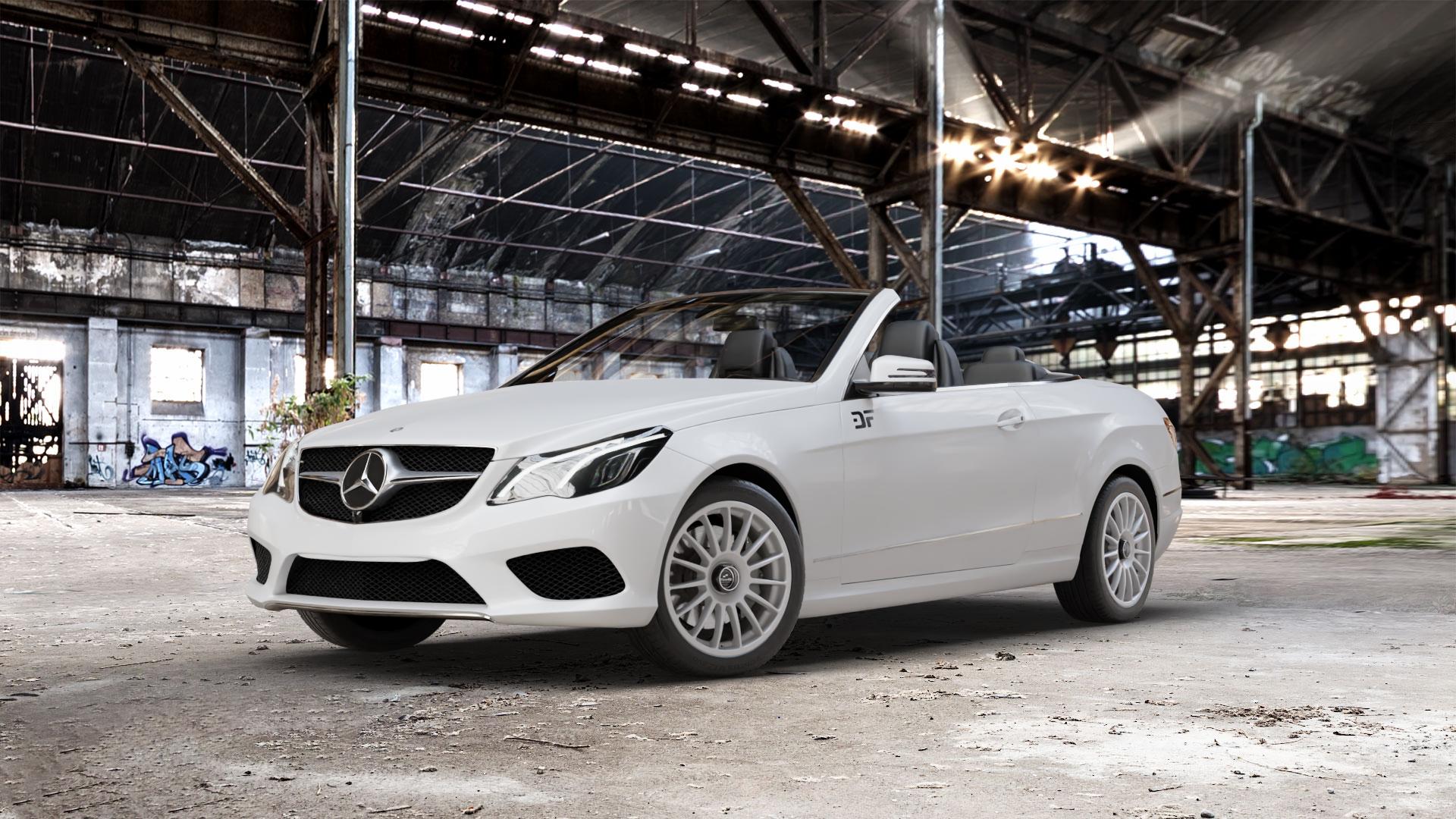 fifteen52 Podium Speed Silver Felge mit Reifen silber in 17Zoll Winterfelge Alufelge auf weissem Mercedes E-Klasse Typ A207 Cabriolet Facelift Cabrio ⬇️ mit 15mm Tieferlegung ⬇️ Old Industrial Hall_max_5300mm_2024 Frontansicht_1