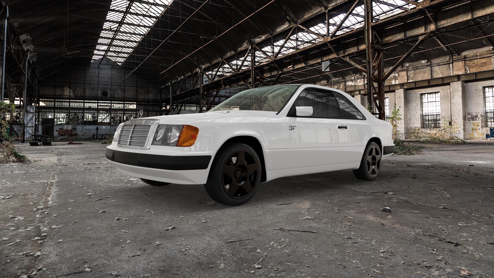 fifteen52 Tarmac Asphalt Black Felge mit Reifen schwarz in 17Zoll Winterfelge Alufelge auf weissem Mercedes E-Klasse Typ W124 Coupe ⬇️ mit 15mm Tieferlegung ⬇️ Old Industrial Hall_max5000mm_2022 Frontansicht_1