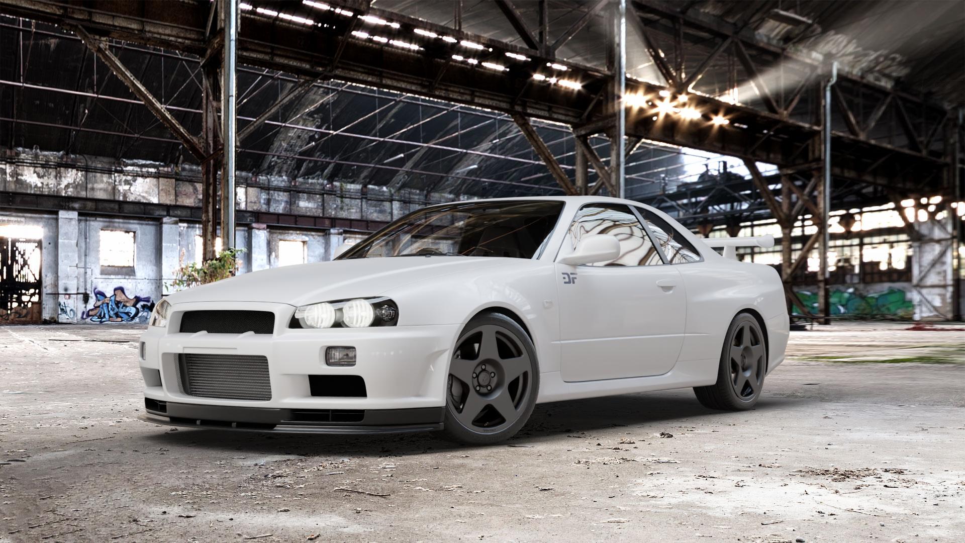 fifteen52 Tarmac Asphalt Black Felge mit Reifen schwarz in 18Zoll Winterfelge Alufelge auf weissem Nissan Skyline R34 ⬇️ mit 15mm Tieferlegung ⬇️ Old Industrial Hall_max_5300mm_2024 Frontansicht_1
