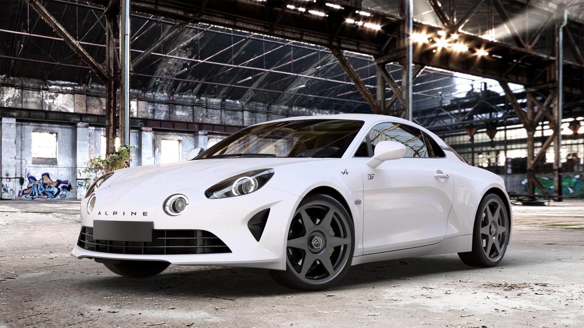 fifteen52 Tarmac EVO Magnesium Grey Felge mit Reifen grau in 19Zoll Winterfelge Alufelge auf weissem Renault Alpine A110 Typ AEF ⬇️ mit 15mm Tieferlegung ⬇️ Old Industrial Hall_max_4400mm_2024 Frontansicht_1