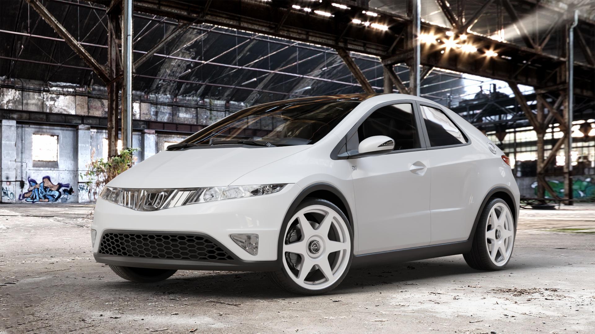 fifteen52 Tarmac EVO Speed Silver Felge mit Reifen silber in 19Zoll Winterfelge Alufelge auf weissem Honda Civic 8 Dreitürer (FN) ⬇️ mit 15mm Tieferlegung ⬇️ Old Industrial Hall_max_4400mm_2024 Frontansicht_1