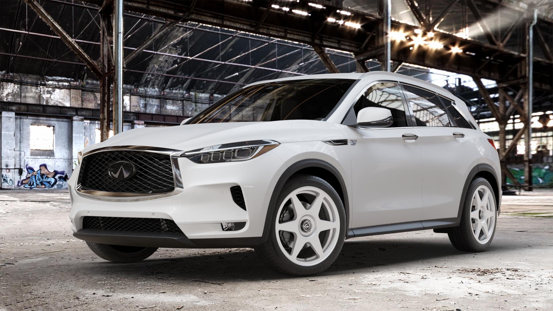fifteen52 Tarmac EVO Speed Silver Felge mit Reifen silber in 19Zoll Winterfelge Alufelge auf weissem Infiniti QX50 Q ⬇️ mit 15mm Tieferlegung ⬇️ Old Industrial Hall_max_4400mm_2024 Frontansicht_1
