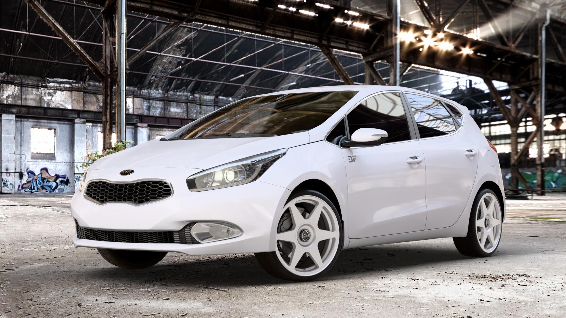fifteen52 Tarmac EVO Speed Silver Felge mit Reifen silber in 19Zoll Winterfelge Alufelge auf weissem Kia Cee d Schrägheck Typ JD Kombi Facelift ⬇️ mit 15mm Tieferlegung ⬇️ Old Industrial Hall_max_4400mm_2024 Frontansicht_1
