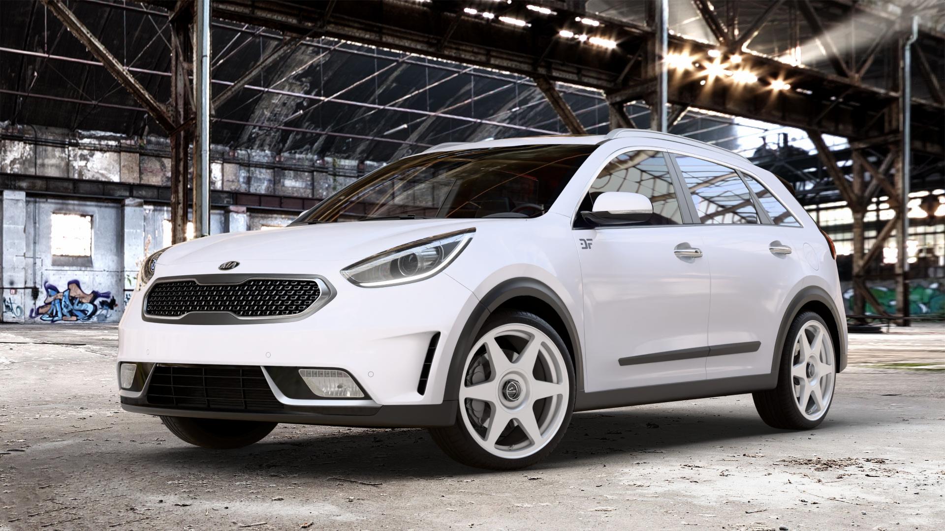 fifteen52 Tarmac EVO Speed Silver Felge mit Reifen silber in 19Zoll Winterfelge Alufelge auf weissem Kia Niro Typ DE ⬇️ mit 15mm Tieferlegung ⬇️ Old Industrial Hall_max_4400mm_2024 Frontansicht_1