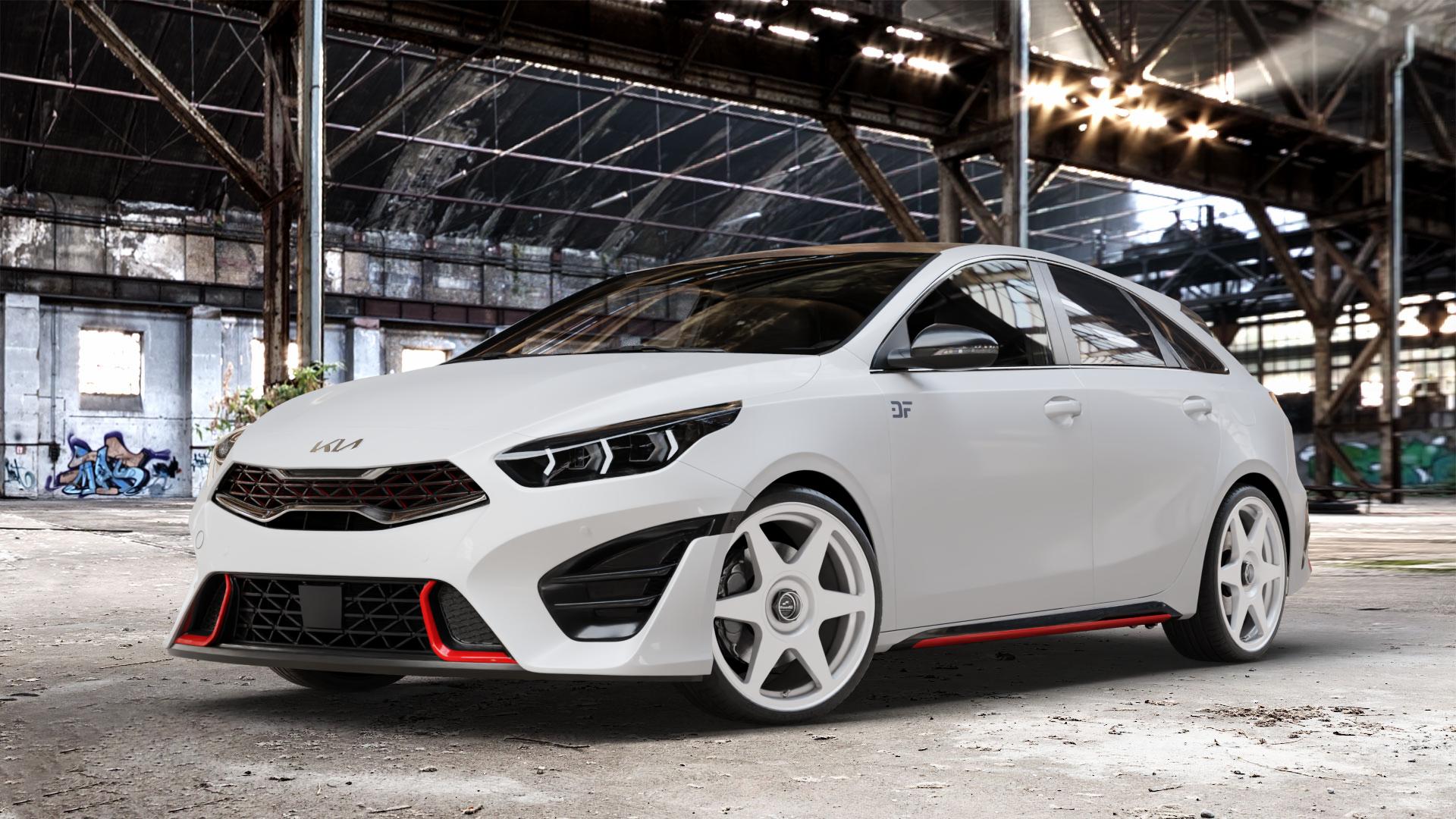 fifteen52 Tarmac EVO Speed Silver Felge mit Reifen silber in 19Zoll Winterfelge Alufelge auf weissem Kia ProCeed Typ CD Facelift Pro Cee d ⬇️ mit 15mm Tieferlegung ⬇️ Old Industrial Hall_max_4400mm_2024 Frontansicht_1