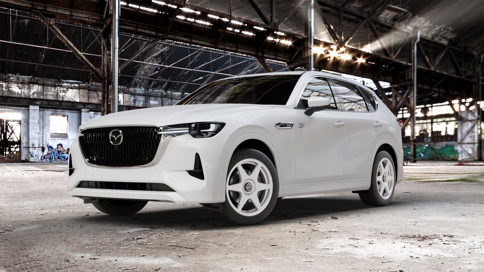 fifteen52 Tarmac EVO Speed Silver Felge mit Reifen silber in 19Zoll Winterfelge Alufelge auf weissem Mazda CX-60 Typ KH01 CX ⬇️ mit 15mm Tieferlegung ⬇️ Old Industrial Hall_max_5300mm_2024 Frontansicht_1