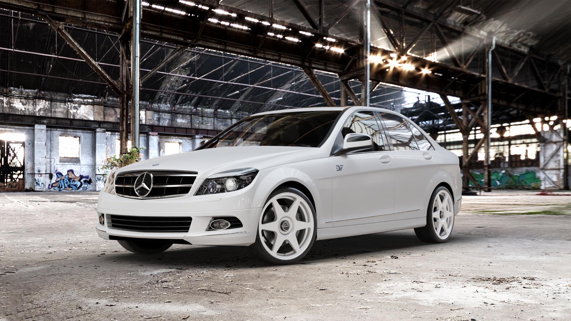 fifteen52 Tarmac EVO Speed Silver Felge mit Reifen silber in 19Zoll Winterfelge Alufelge auf weissem Mercedes C-Klasse Typ W204 Limousine ⬇️ mit 15mm Tieferlegung ⬇️ Old Industrial Hall_max_5300mm_2024 Frontansicht_1