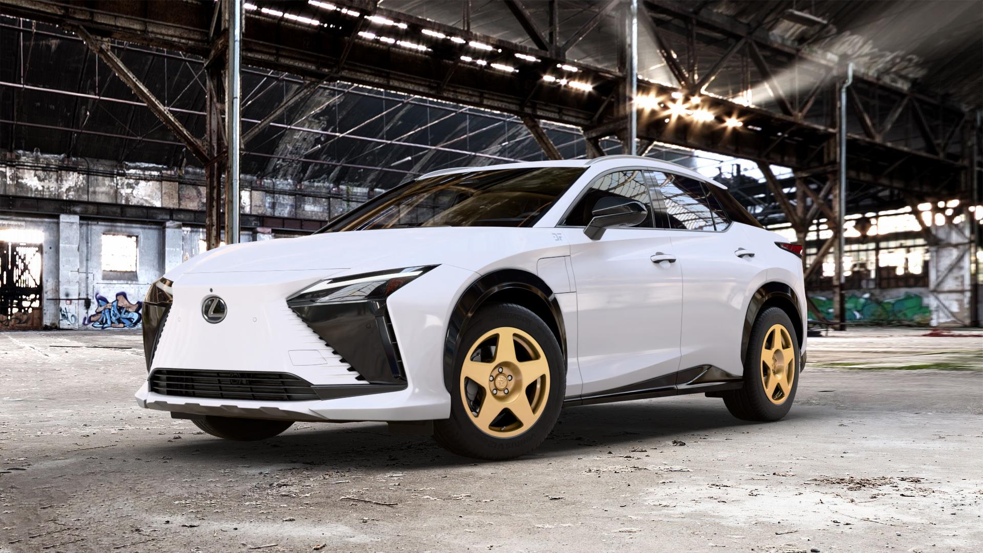 fifteen52 Tarmac Gold Felge mit Reifen in 18Zoll Winterfelge Alufelge auf weissem Lexus RZ Typ EBM1(M) ⬇️ mit 15mm Tieferlegung ⬇️ Old Industrial Hall_max_5300mm_2024 Frontansicht_1